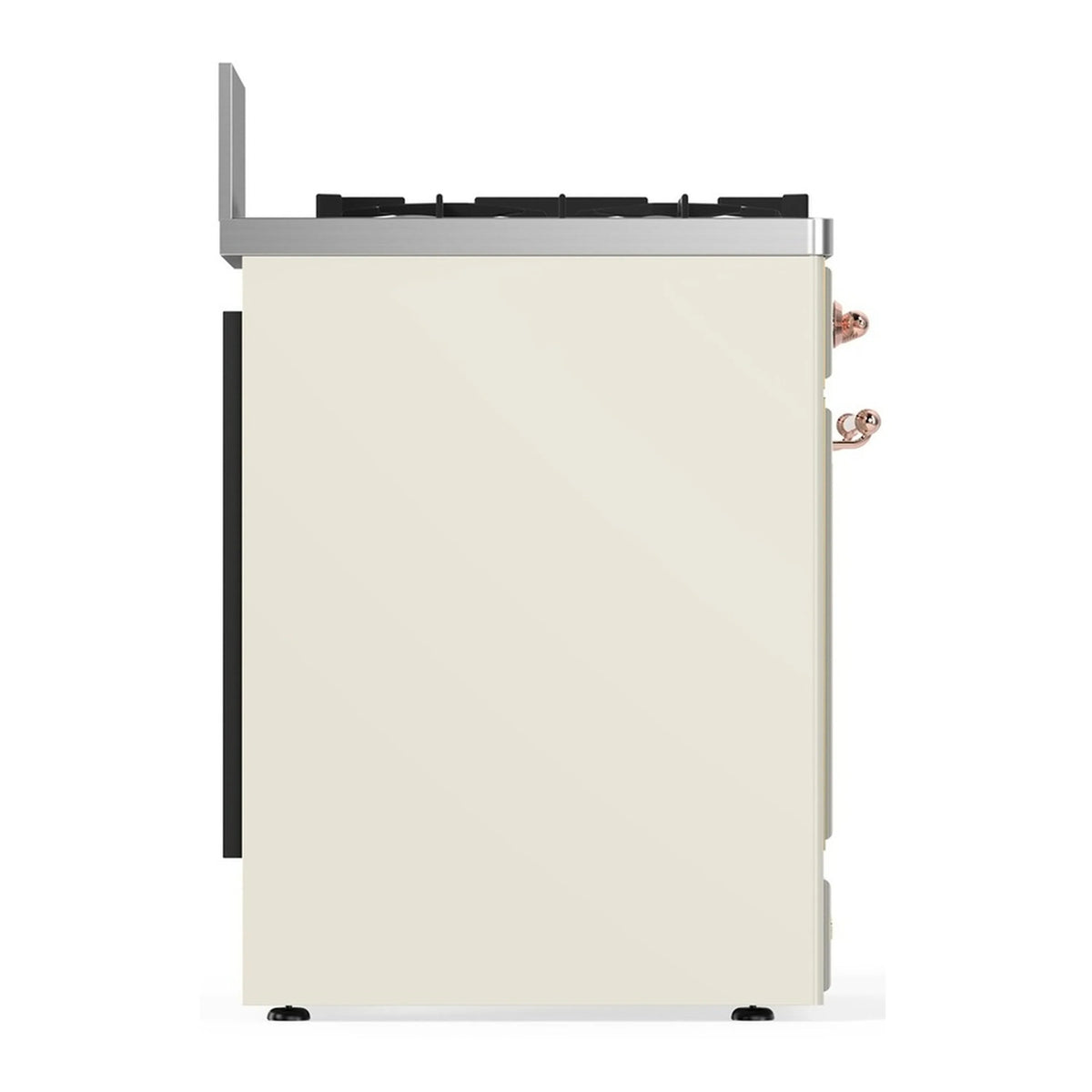 Antique white side panel of dual fuel range with copper handle and black trim