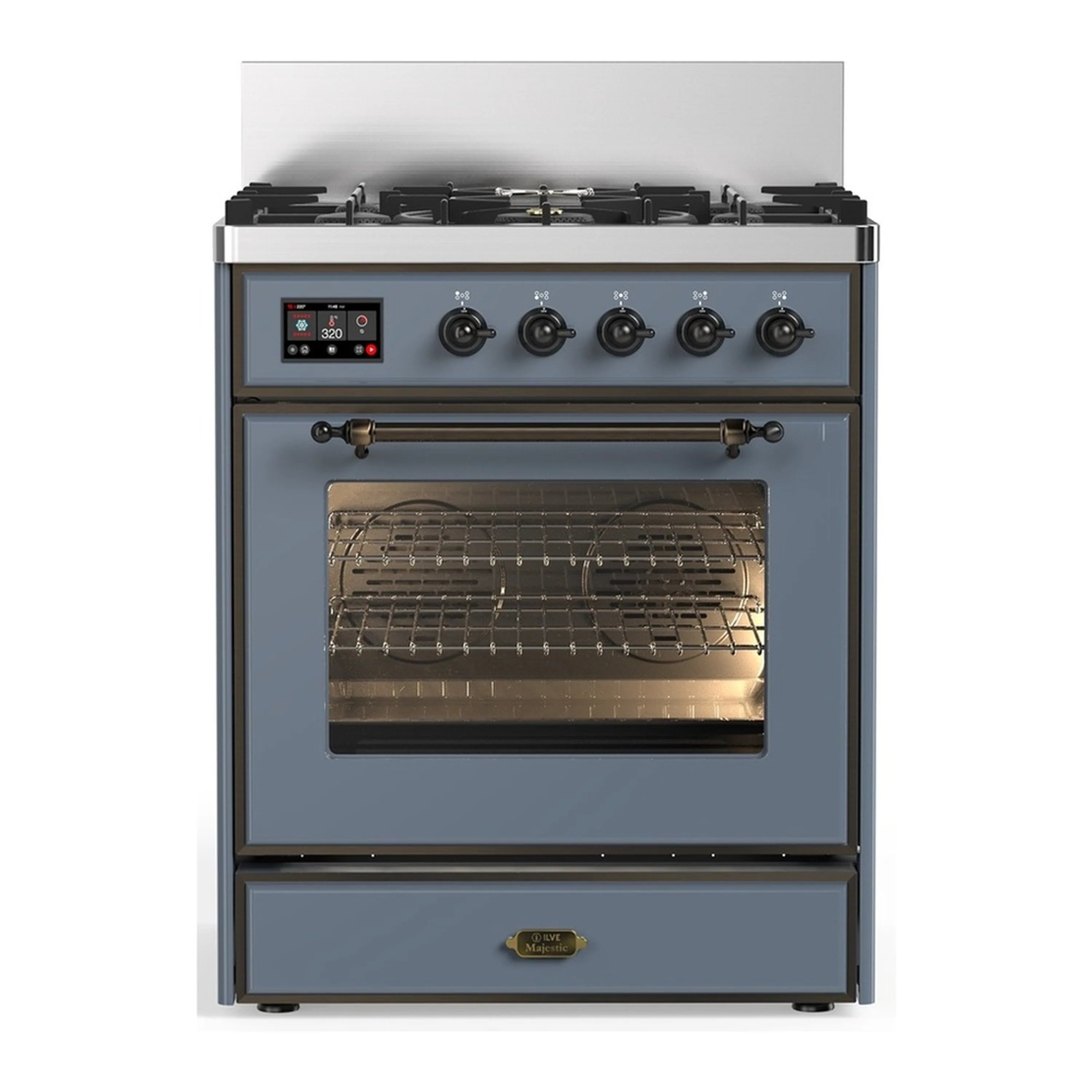 30-inch dual fuel range with blue-grey finish, open oven door, racks, and control knobs