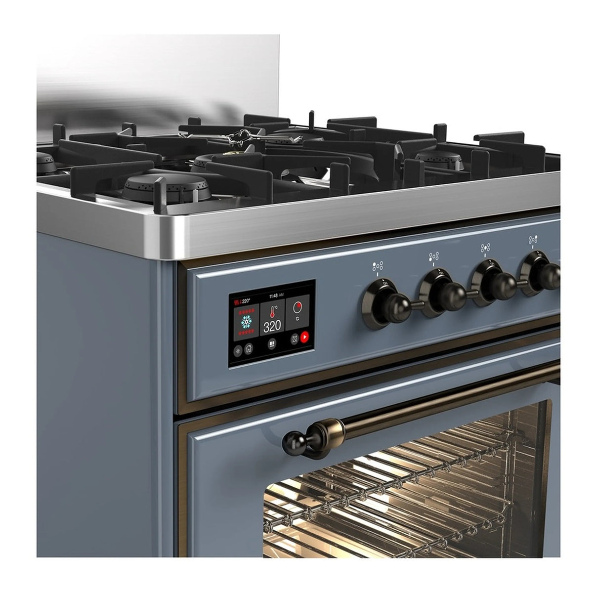 Dual fuel range with blue-grey finish, burners, brass knobs, and opened electric oven door
