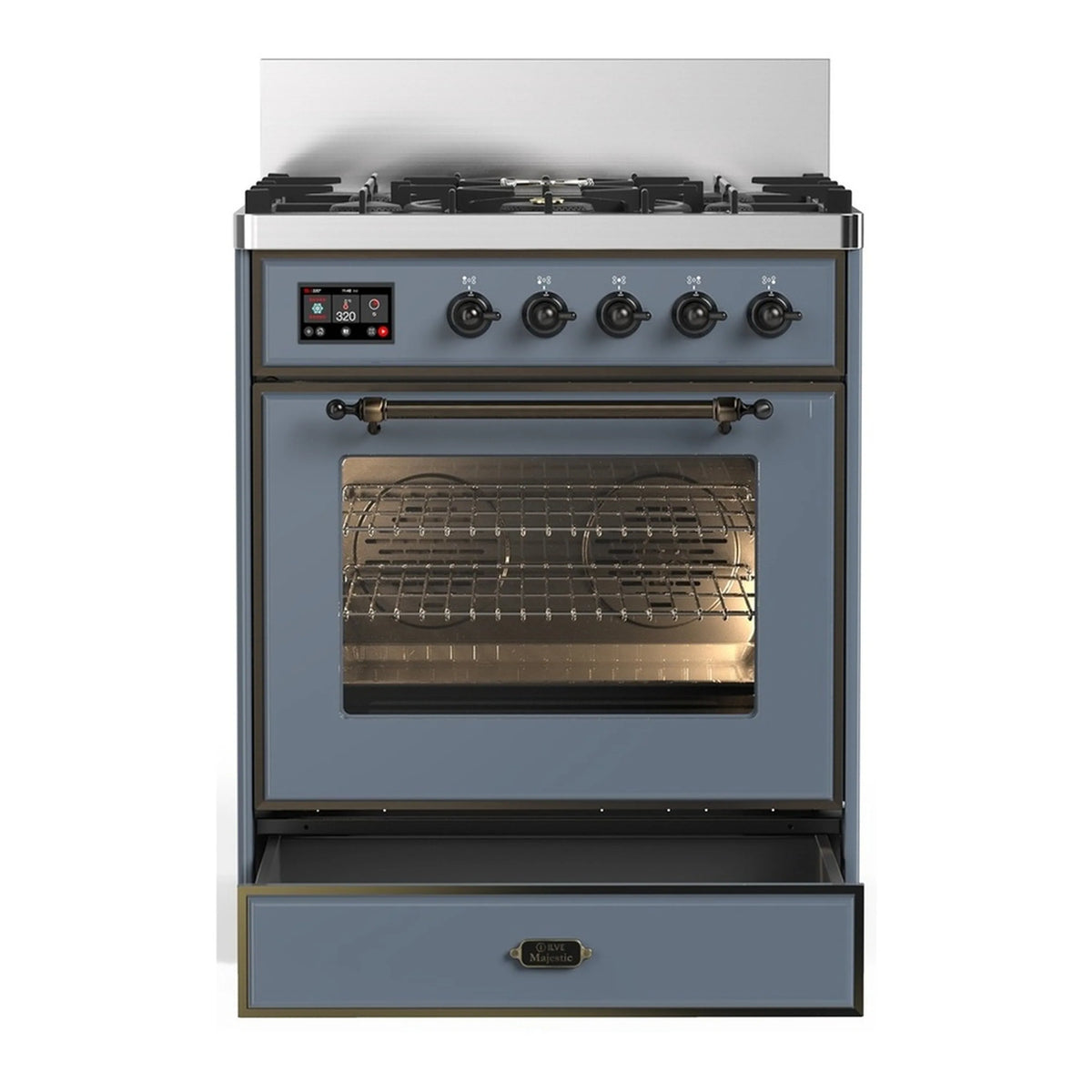 Blue-grey 30-inch dual fuel range with black burners, control panel, and oven with glass door