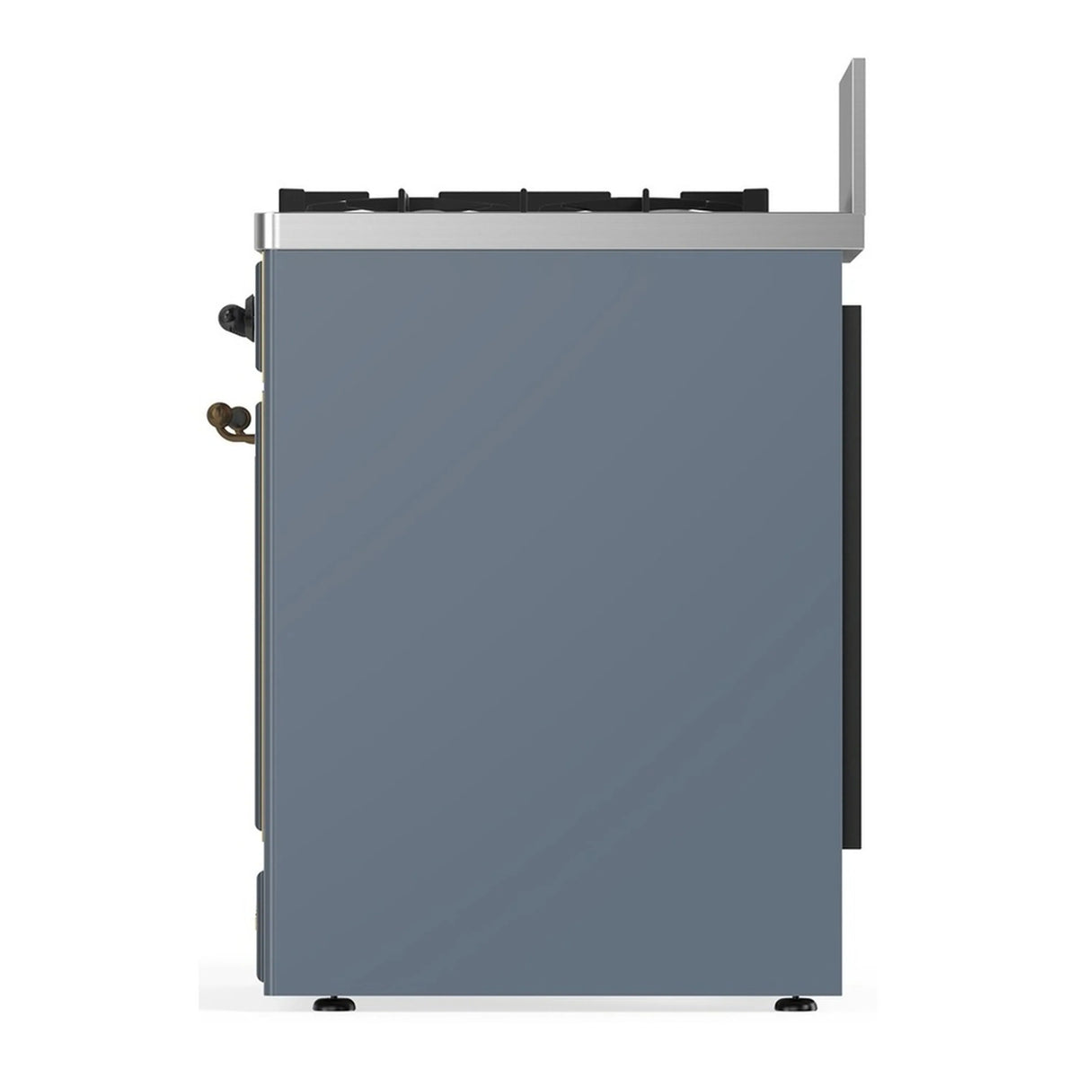 Blue-grey dual fuel range rear view with side handle and vented back panel