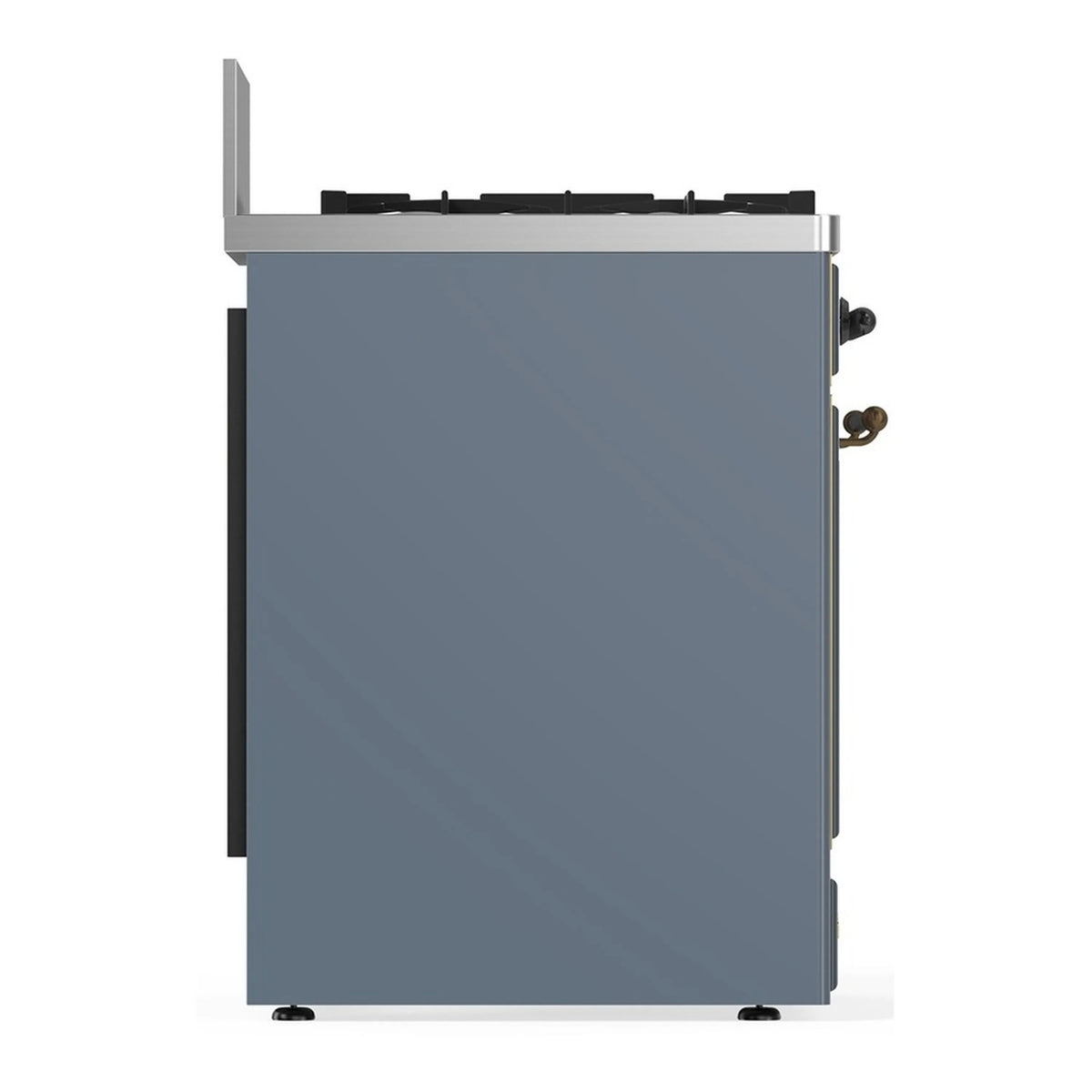 Blue-grey dual fuel range side view with brass handles and rear legs