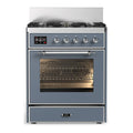 ILVE Majestic III 30-inch Dual Fuel Range with 5 Natural Gas Burner and Triple Glass Door Electric Oven in Blue Grey with Chrome Trim (UM30NR3BGC)