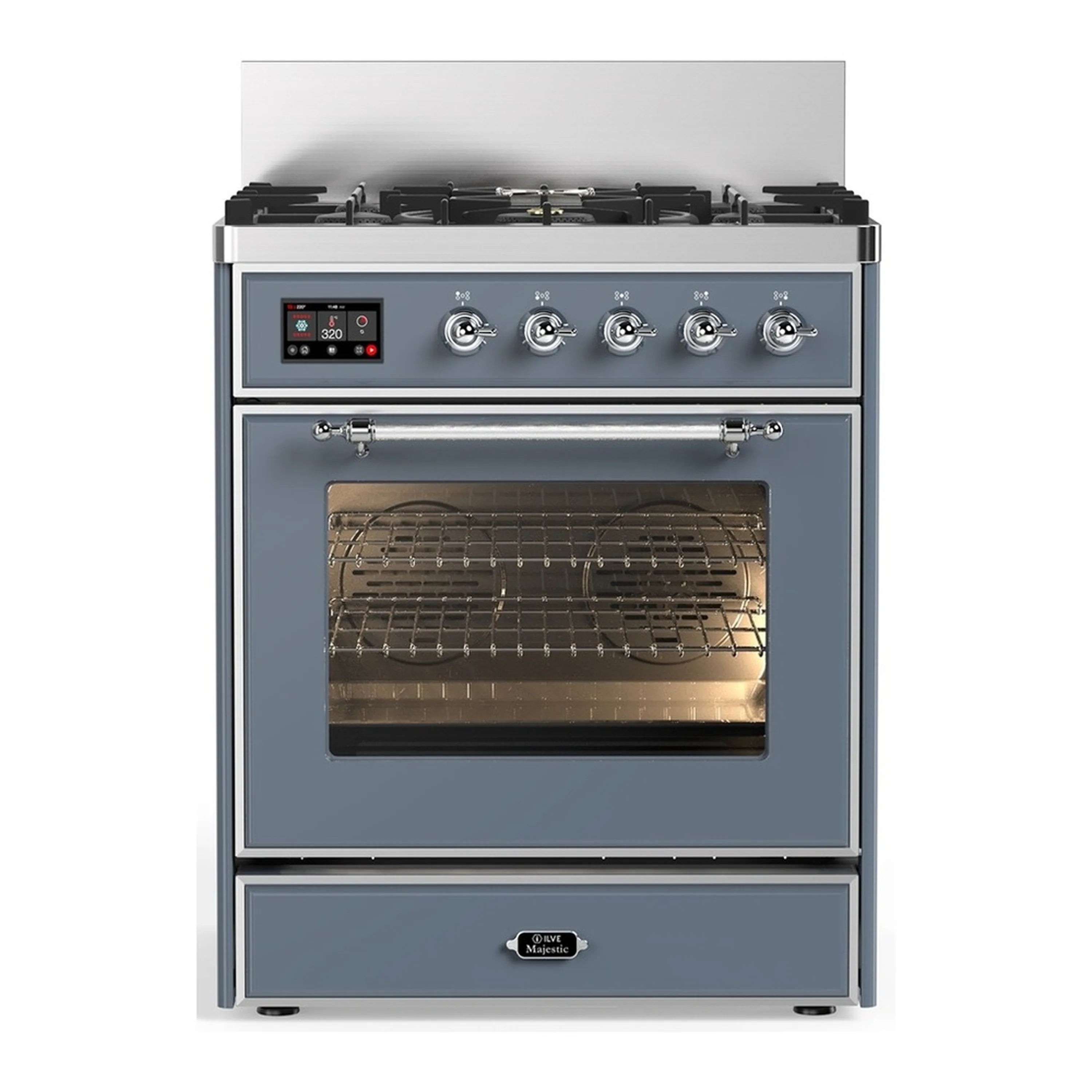 Blue grey dual-fuel range with five natural gas burners and control panel