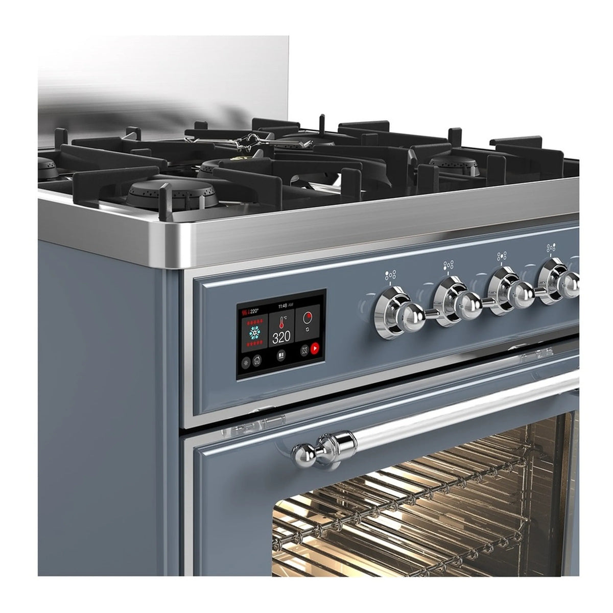 Blue grey control panel with knobs and display, open oven door, and broil bar