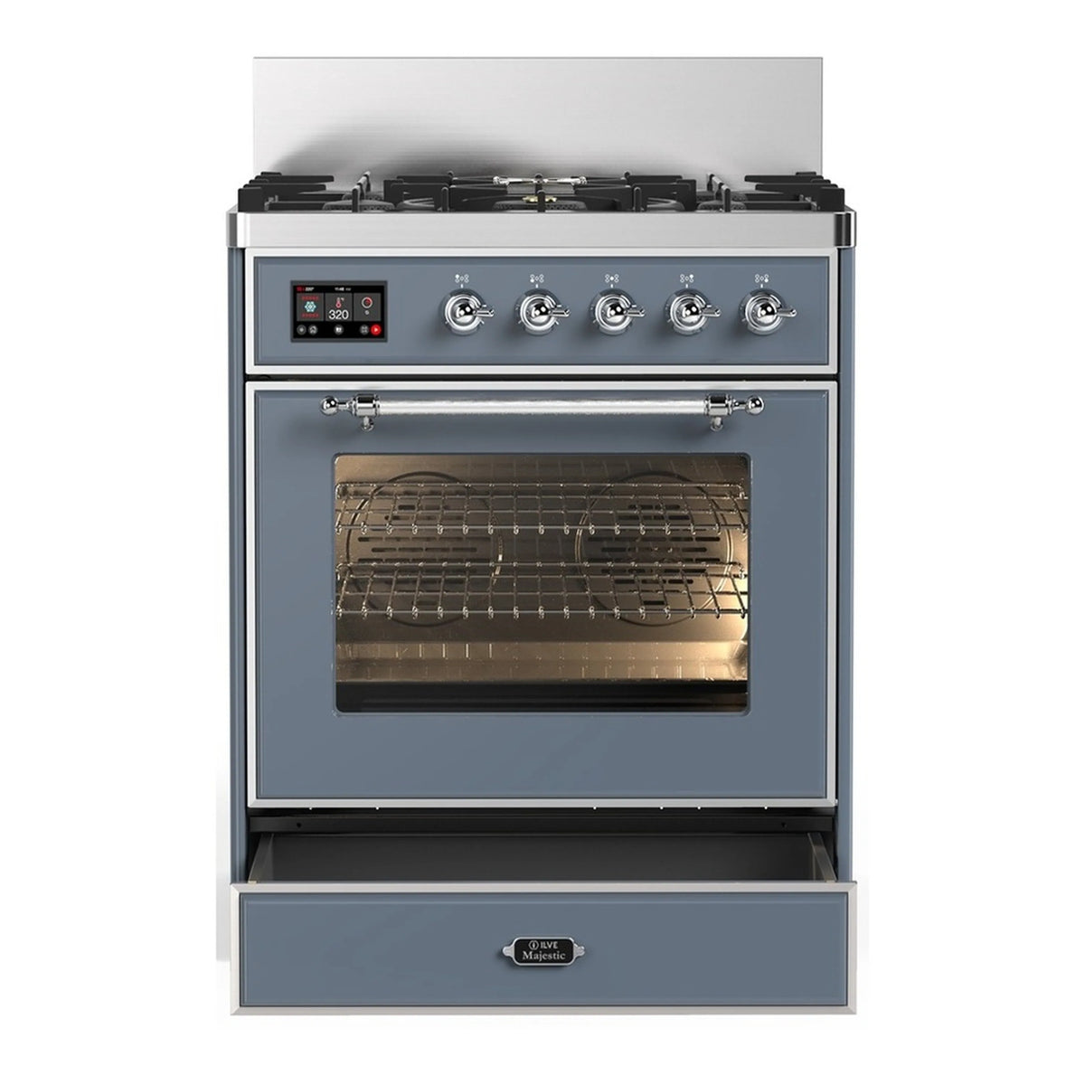 Blue grey dual-fuel range with oven door, chrome trim, and five burner grates