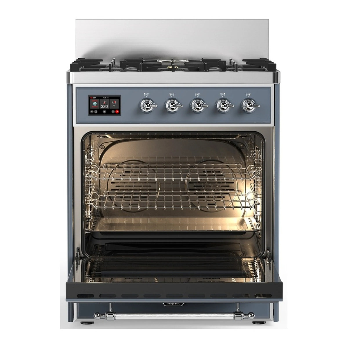 Blue grey electric oven with glass door open, wire racks, and interior light