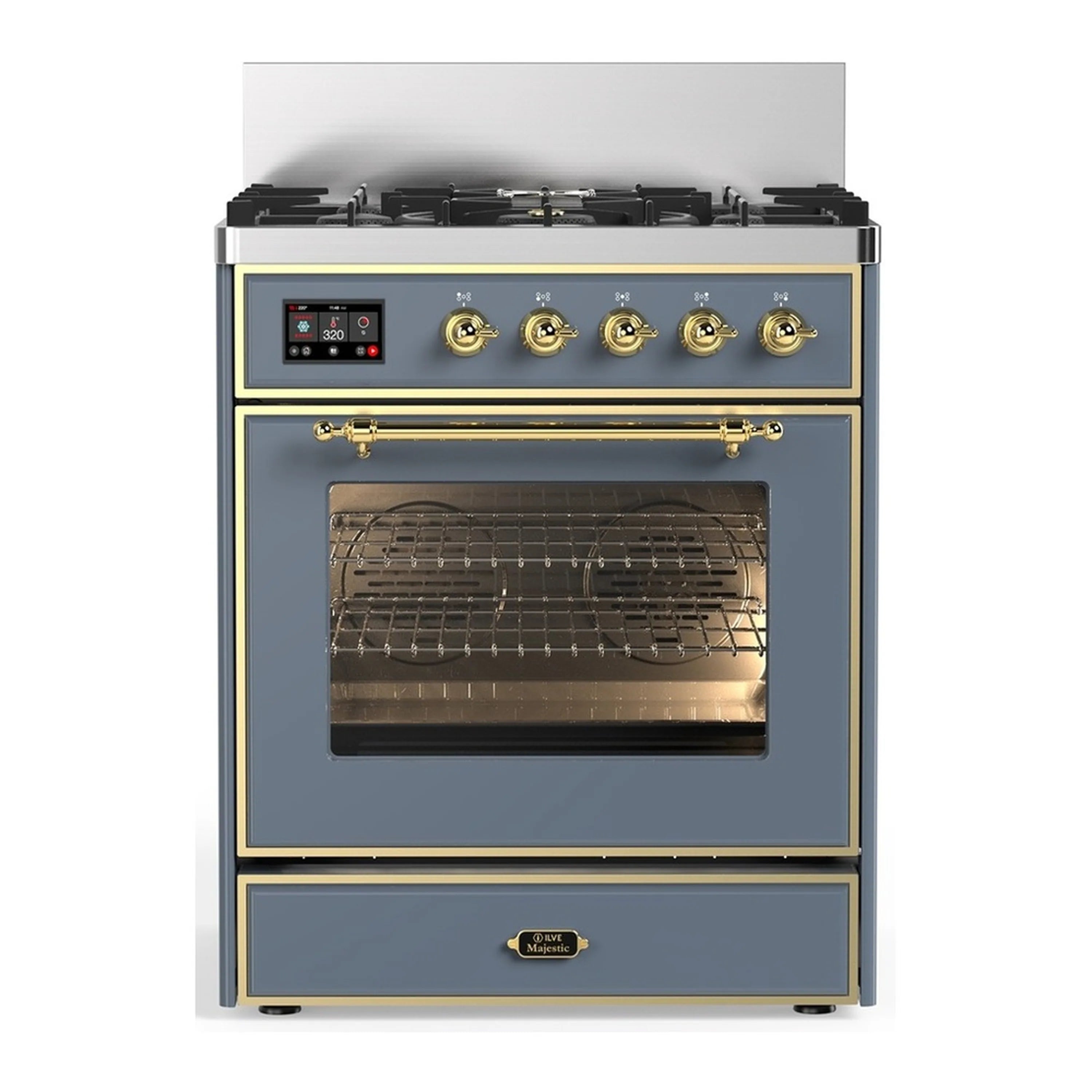 Blue grey dual fuel range with brass knobs and oven door with open glass