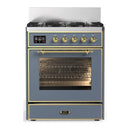ILVE Majestic III 30-inch Dual Fuel Range with 5 Natural Gas Burner and Triple Glass Door Electric Oven in Blue Grey with Brass Trim (UM30NR3BGG)