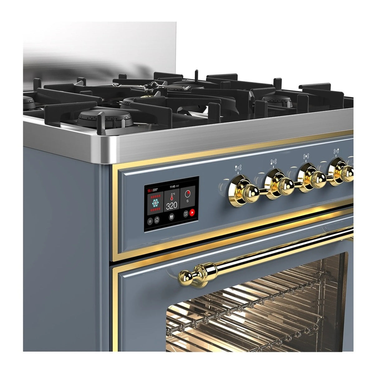 Blue grey dual fuel range with brass trim, control panel, and gas burner cooktop