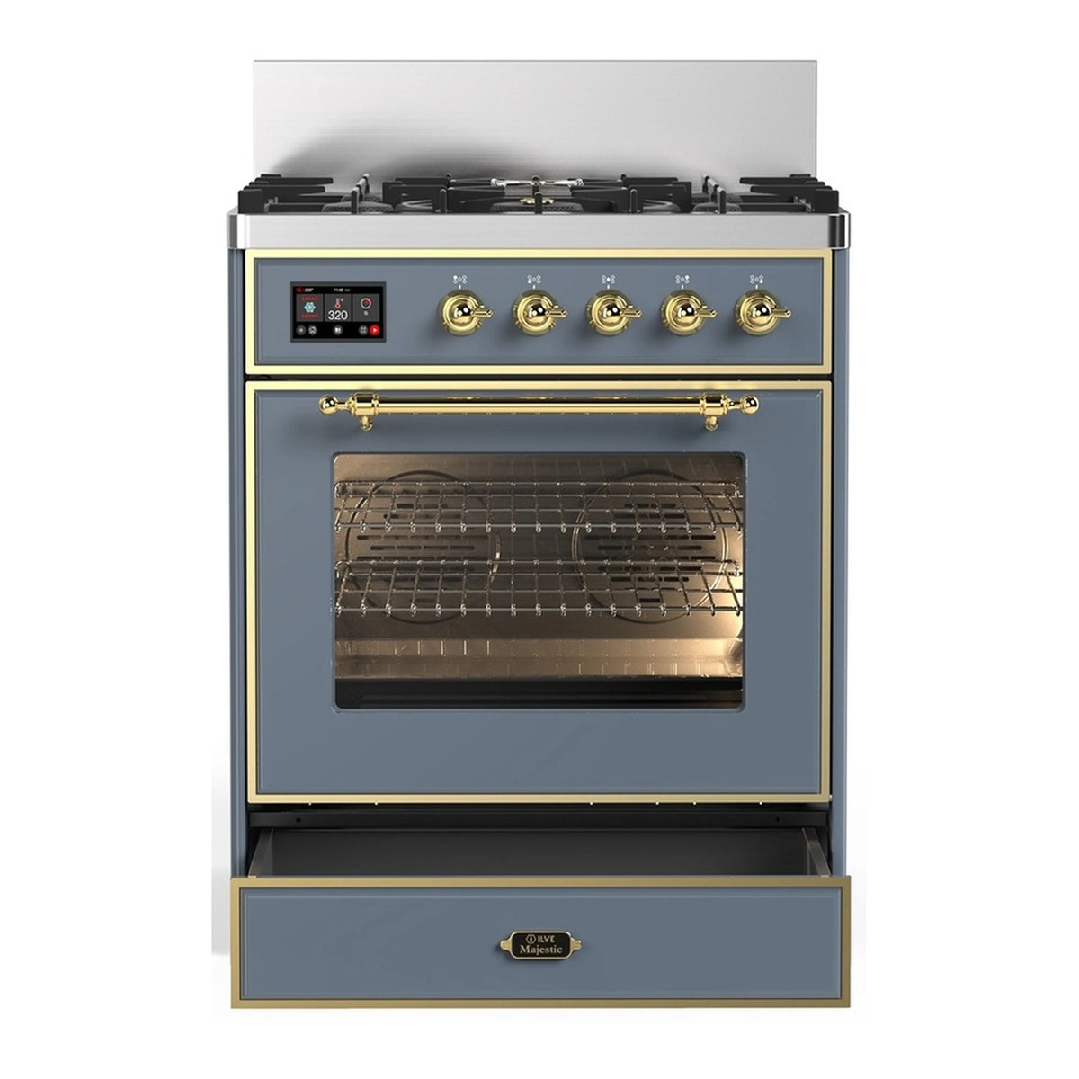 Blue grey dual fuel range with brass control knobs and electric oven door