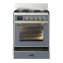ILVE Majestic III 30-inch Dual Fuel Range with 5 Natural Gas Burner and Triple Glass Door Electric Oven in Blue Grey with Brass Trim (UM30NR3BGG)