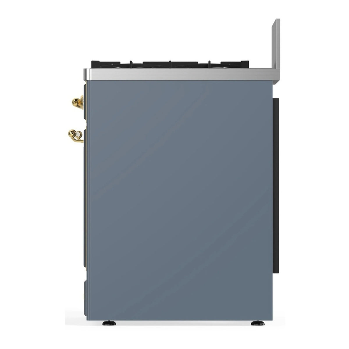 Blue grey dual fuel range rear panel with exposed brass fittings
