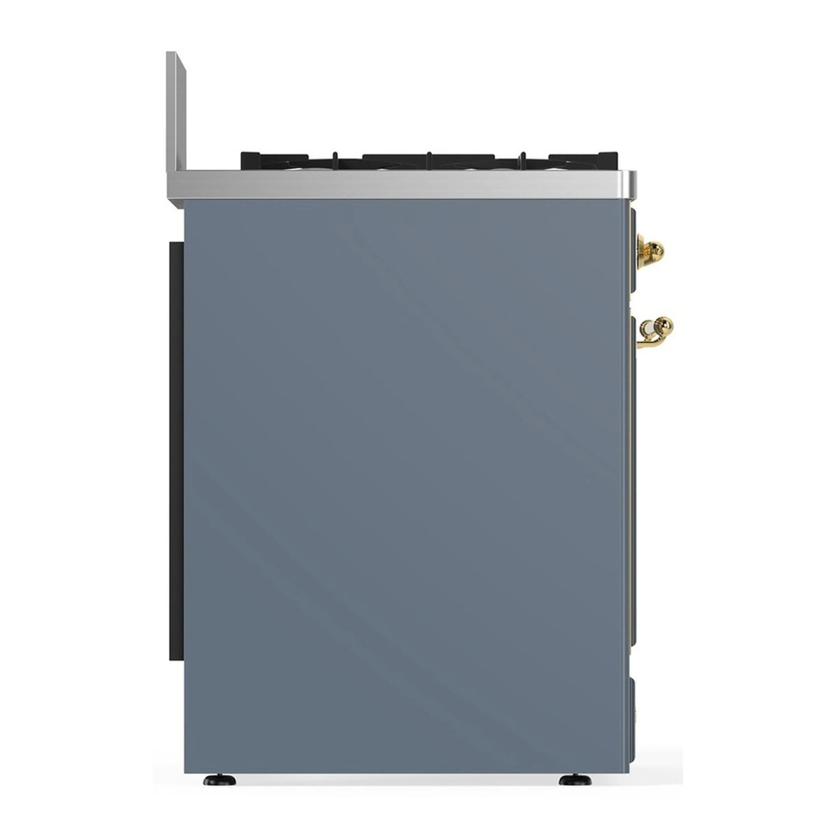 Blue grey dual fuel range rear corner view with brass hardware