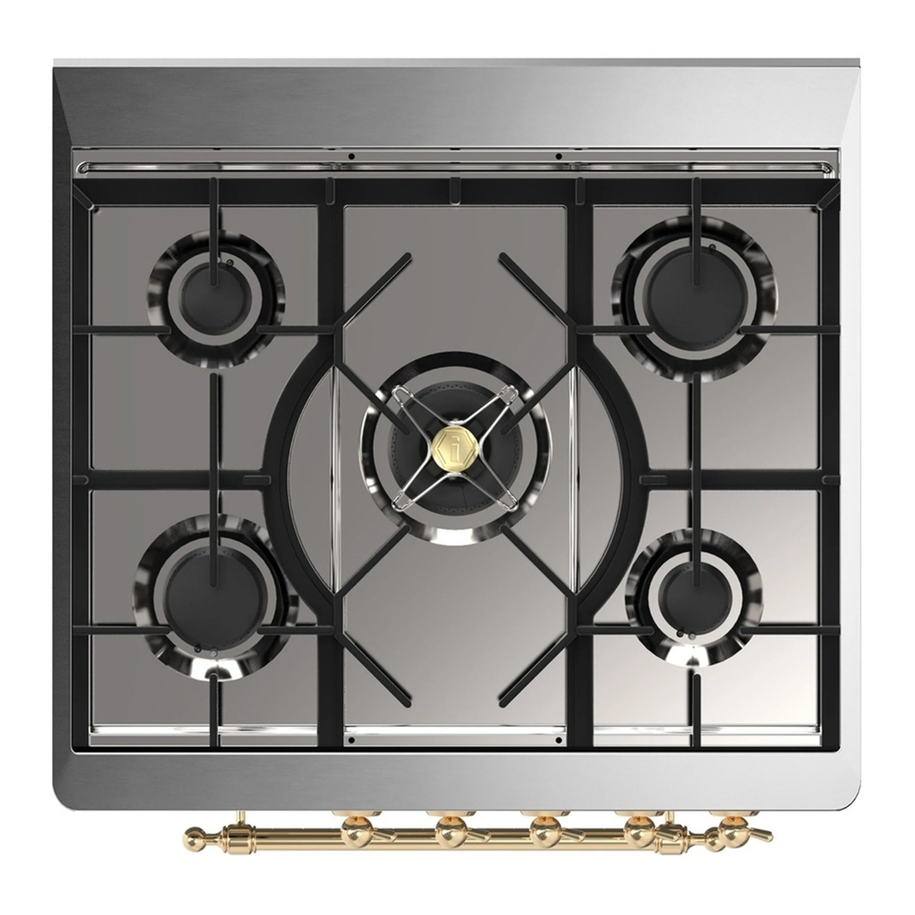 Black gas burner grates on a dual fuel range cooktop with brass accents