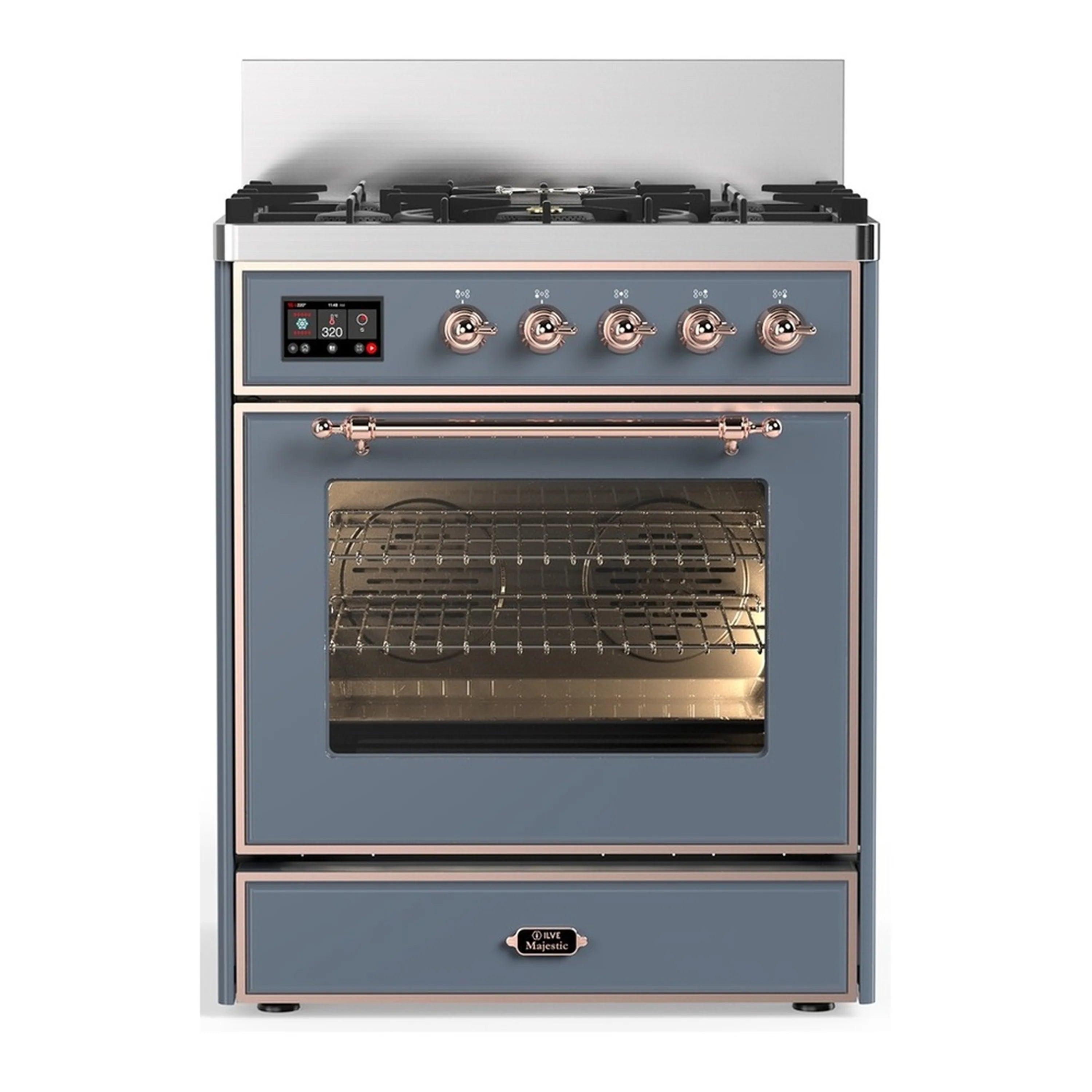 Blue-grey dual fuel range with copper knobs, oven door window, and storage drawer