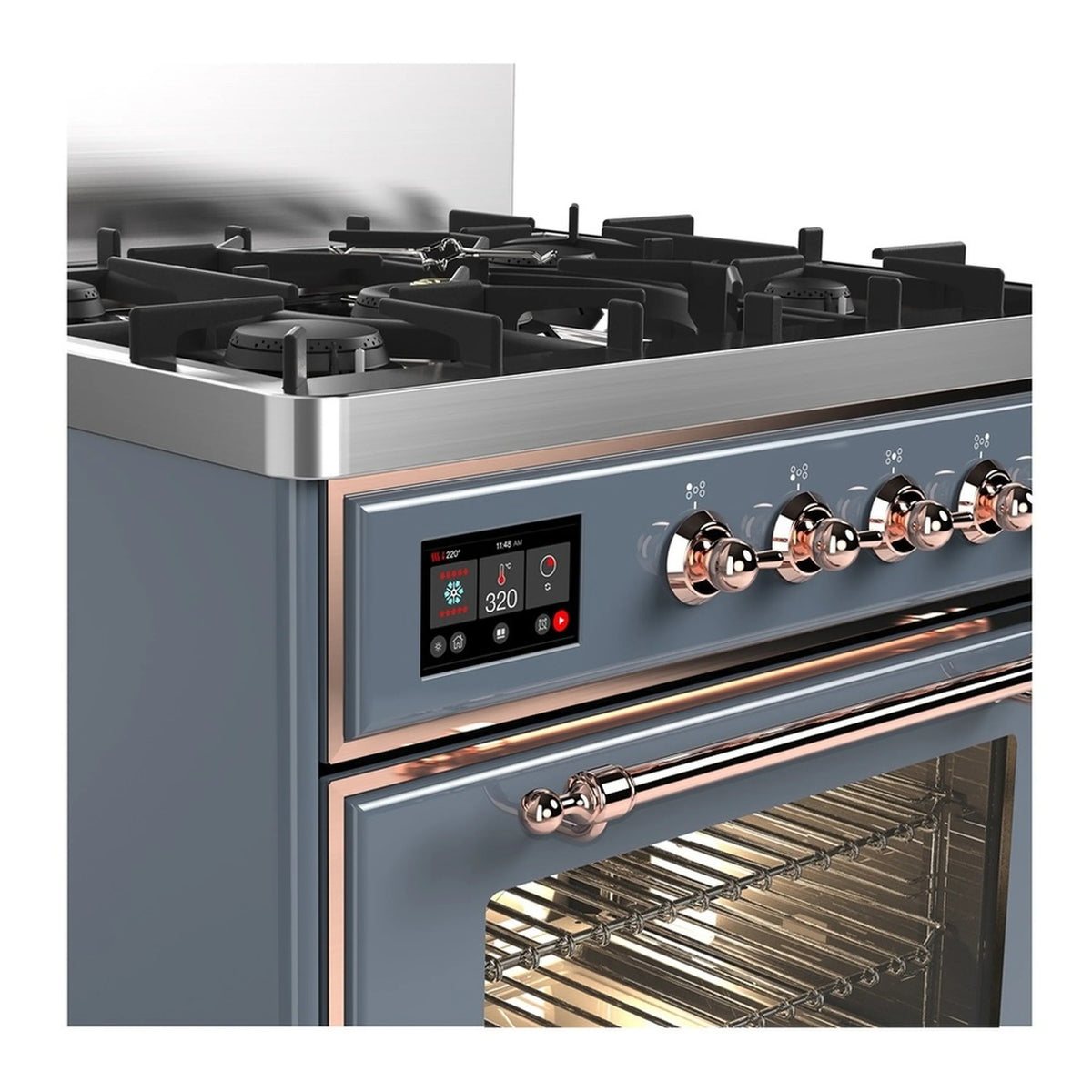 Blue-grey dual fuel range with copper control knobs and open electric oven door