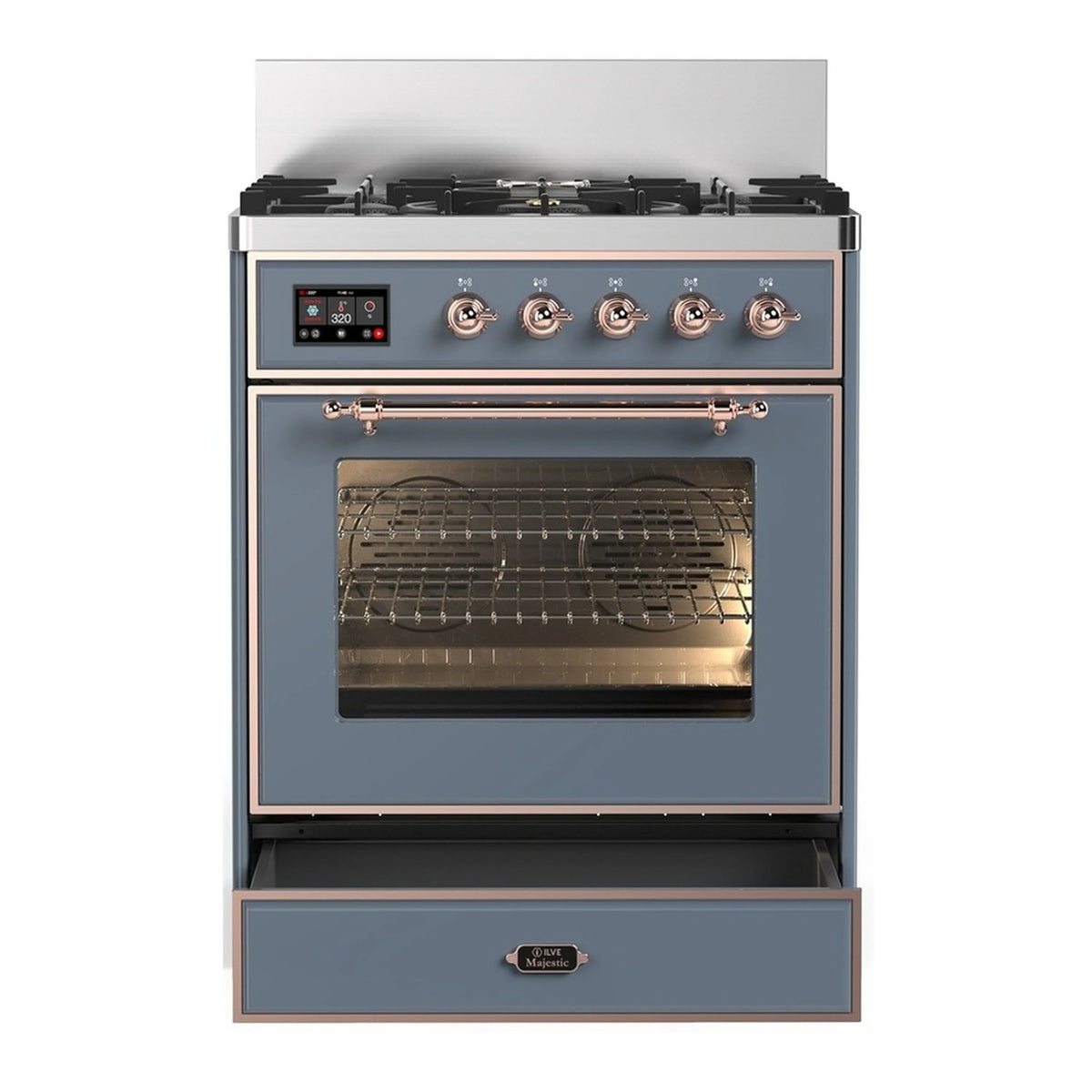 Blue-grey dual fuel range with copper knobs, closed electric oven window, storage drawer