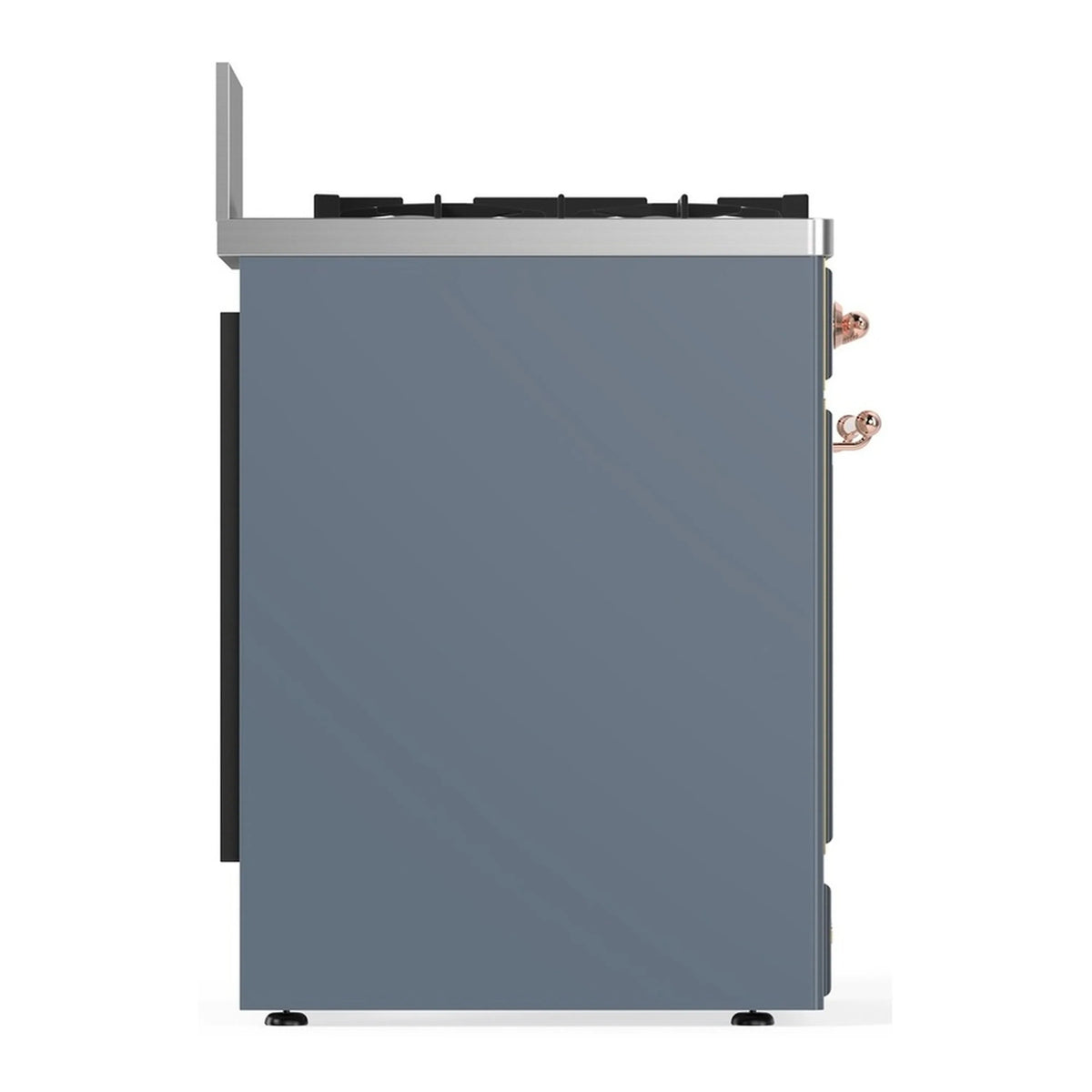 Blue-grey range rear view with copper fittings and metal side panel