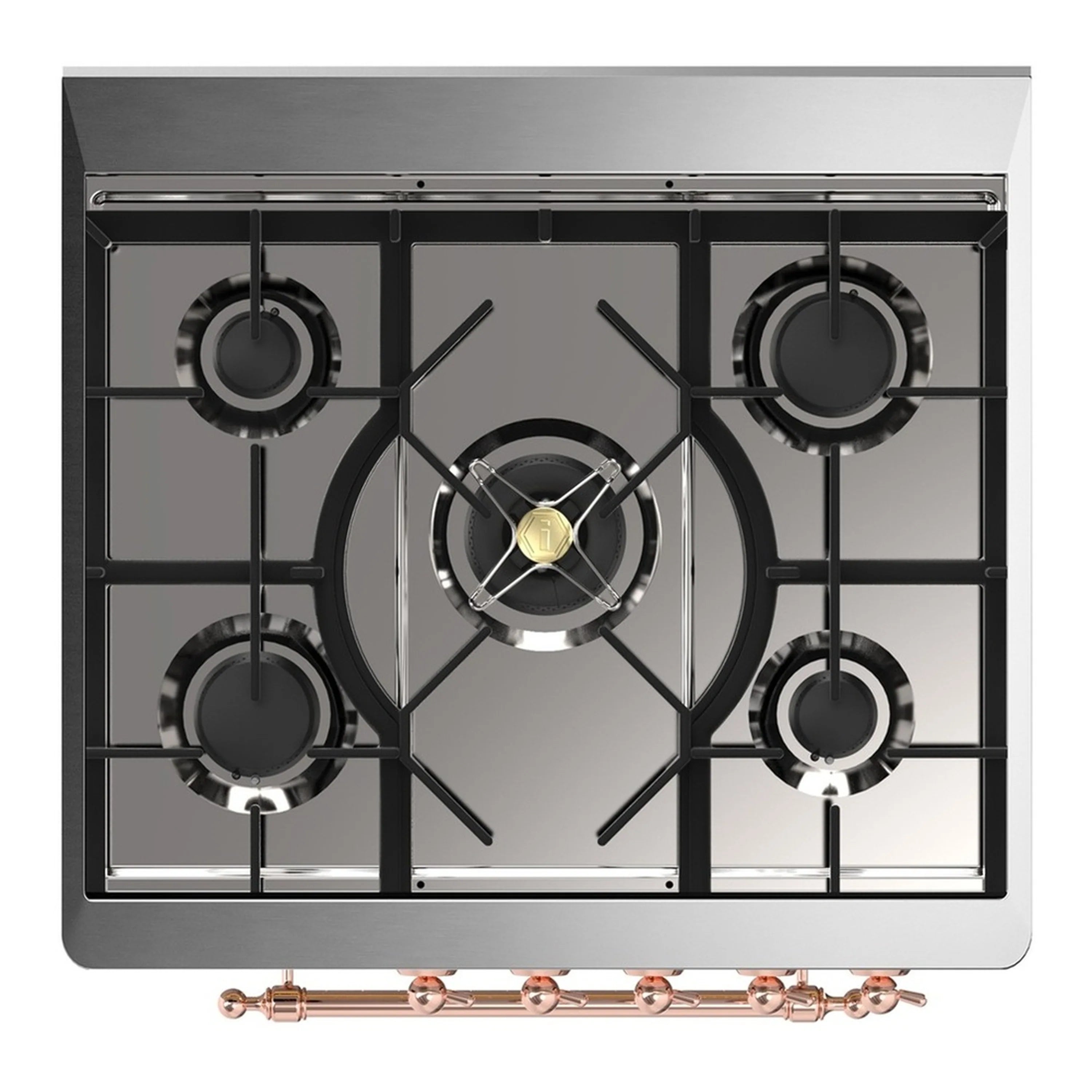 Blue-grey gas cooktop with five black burners and copper control trim
