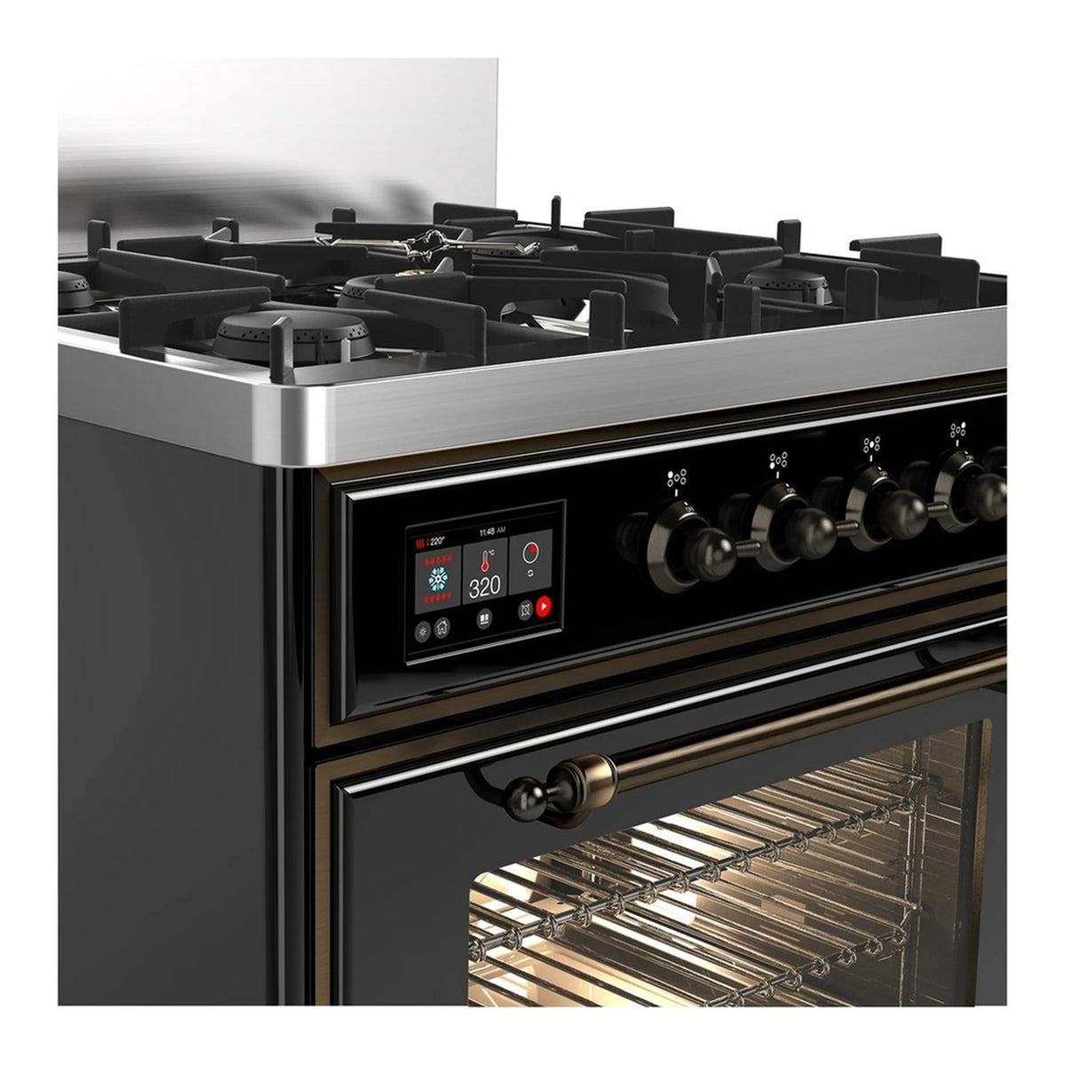 Glossy black range with control knobs and lit oven cavity with wire rack shelves