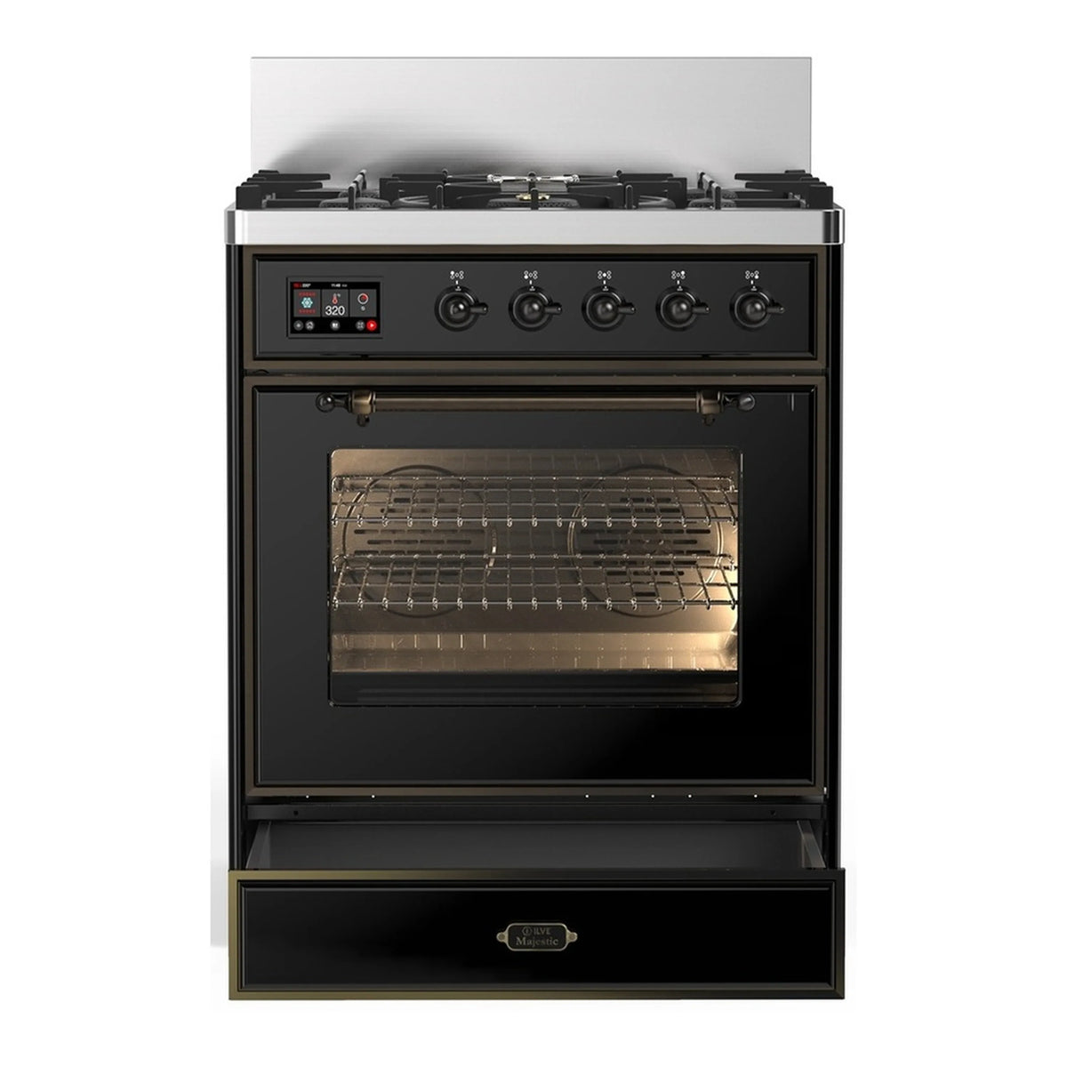 Glossy black dual fuel range with oven door closed and 5-burner cooktop