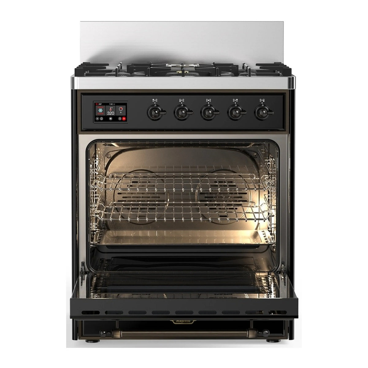 Dual fuel range with open oven door, racks, and oven interior light