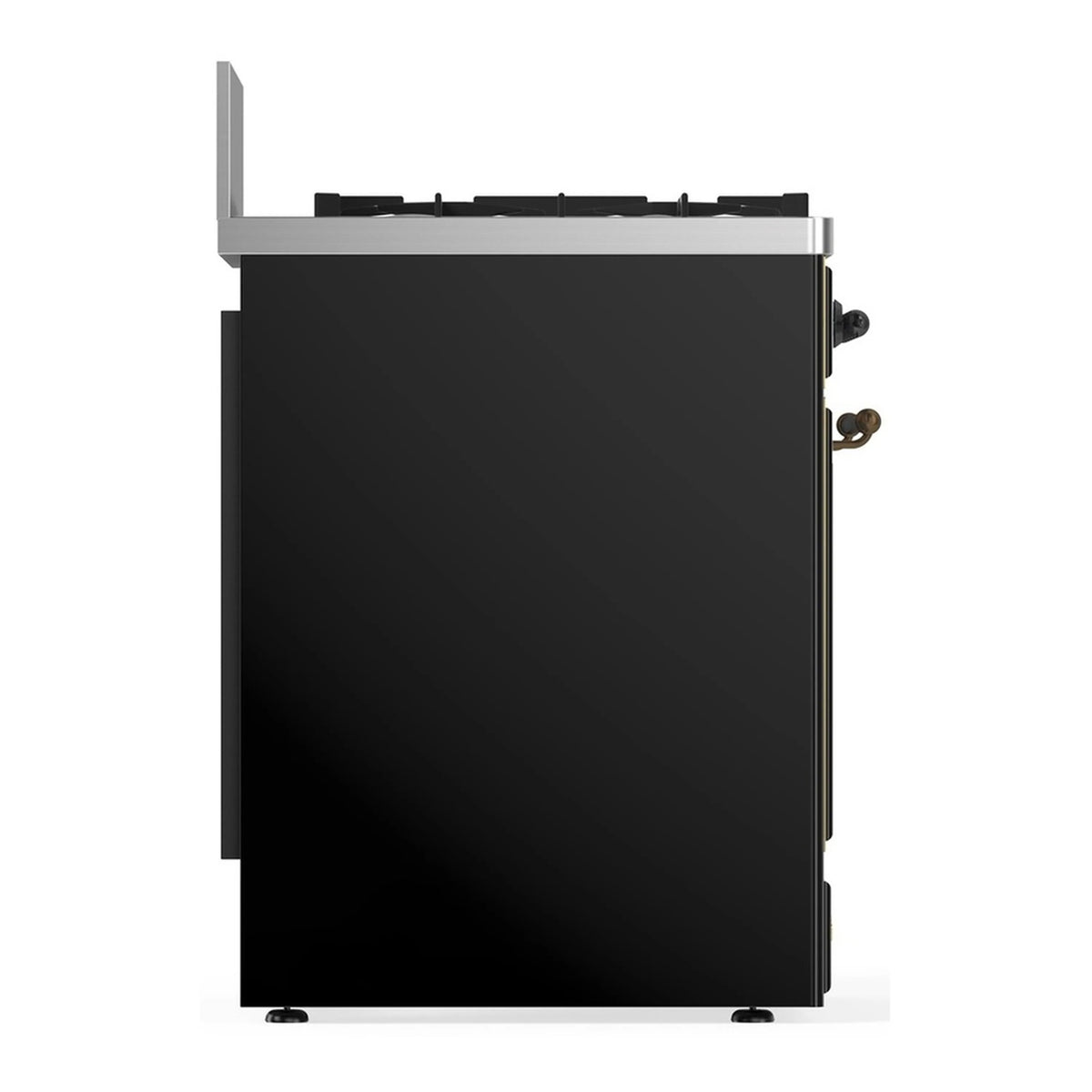 Glossy black dual fuel range back panel angled view with side connectors
