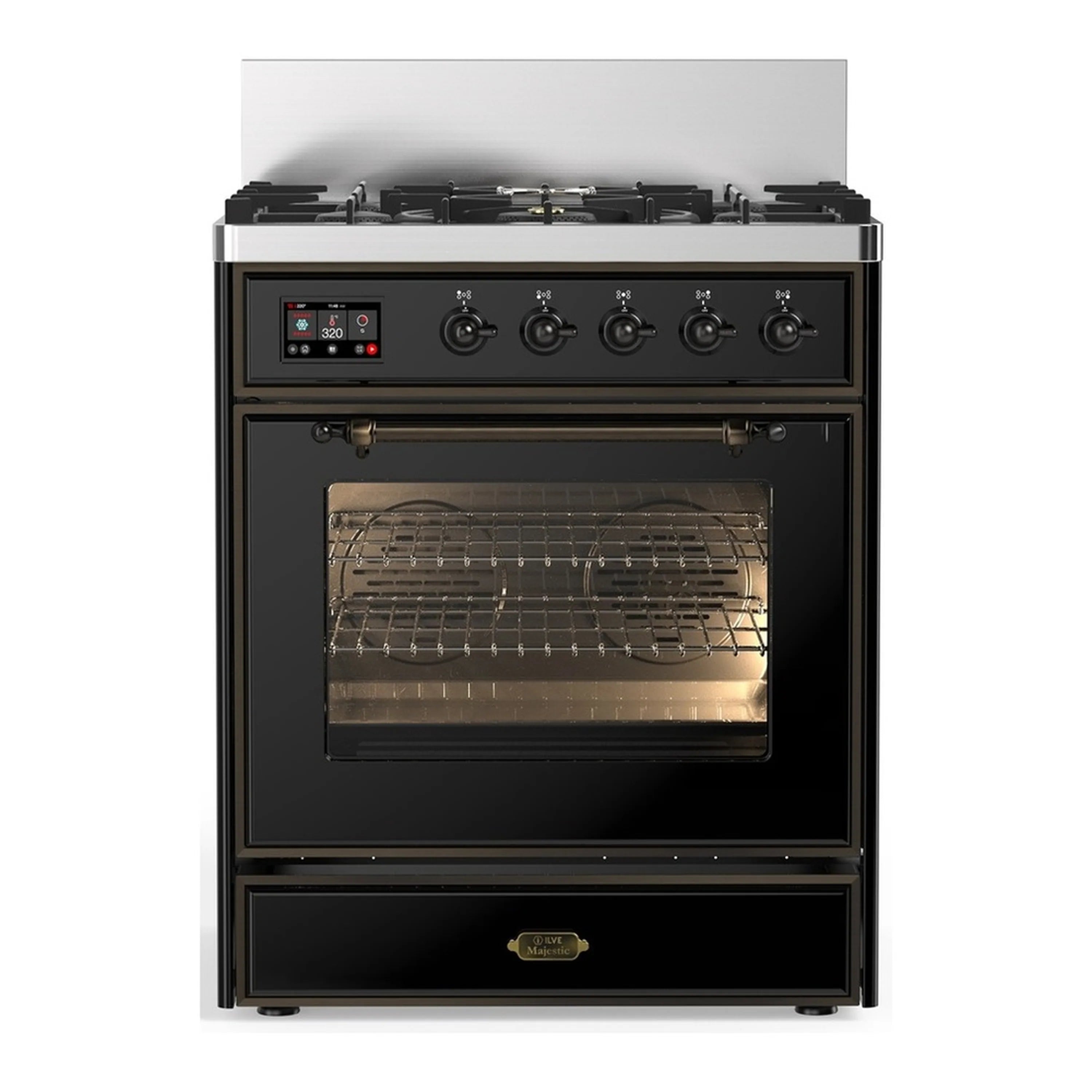 Glossy black ILVE dual fuel range with open oven, control panel, and multiple gas burners