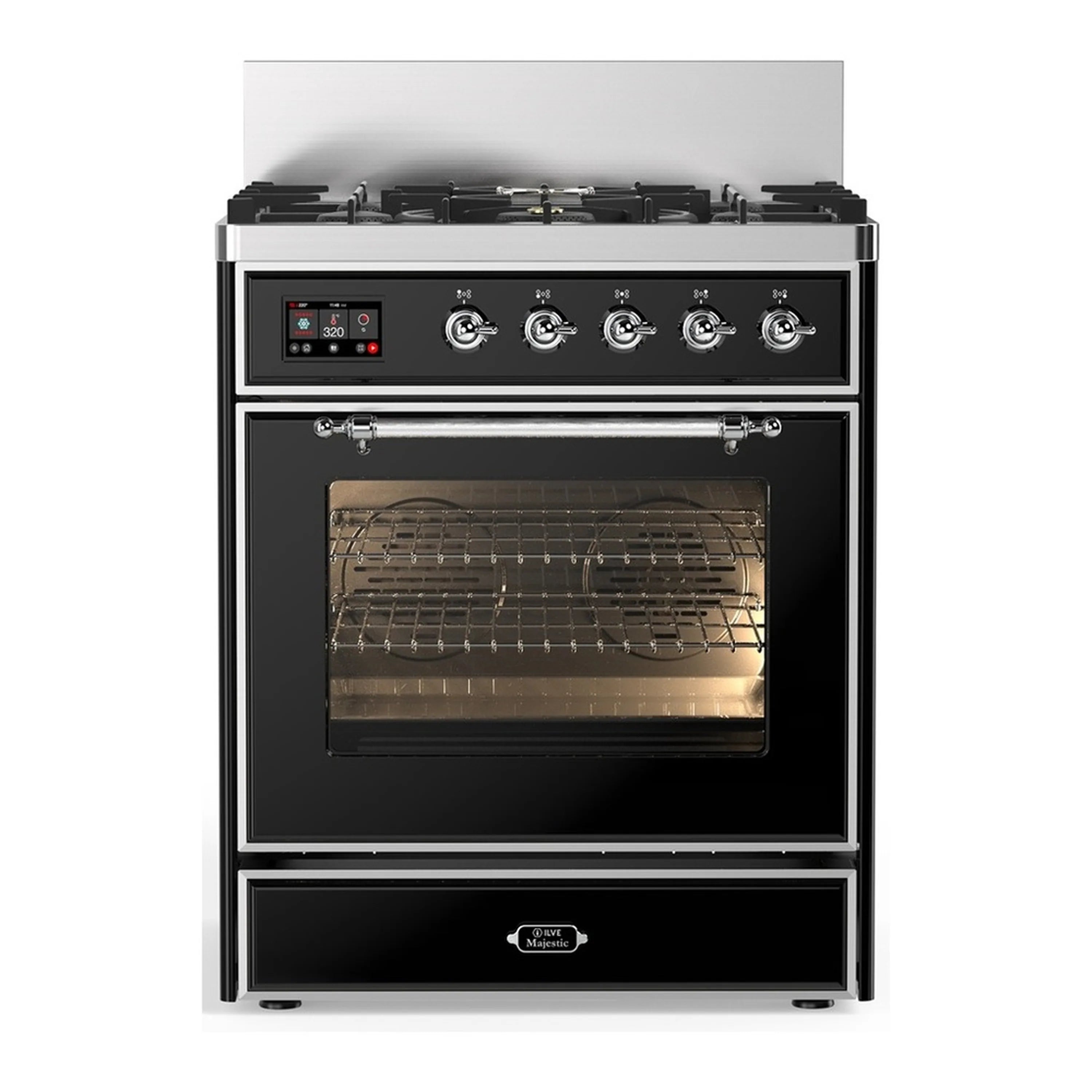 ILVE glossy black dual fuel range with 5-burner cooktop and triple-glass oven door