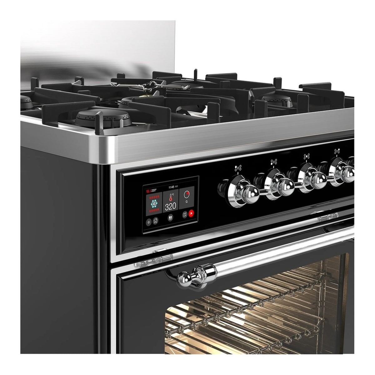 Glossy black range with chrome oven window, burner grates, and control knobs