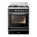 ILVE Majestic III 30-inch Dual Fuel Range with 5 Natural Gas Burner and Triple Glass Door Electric Oven in Glossy Black with Chrome Trim (UM30NR3BKC)