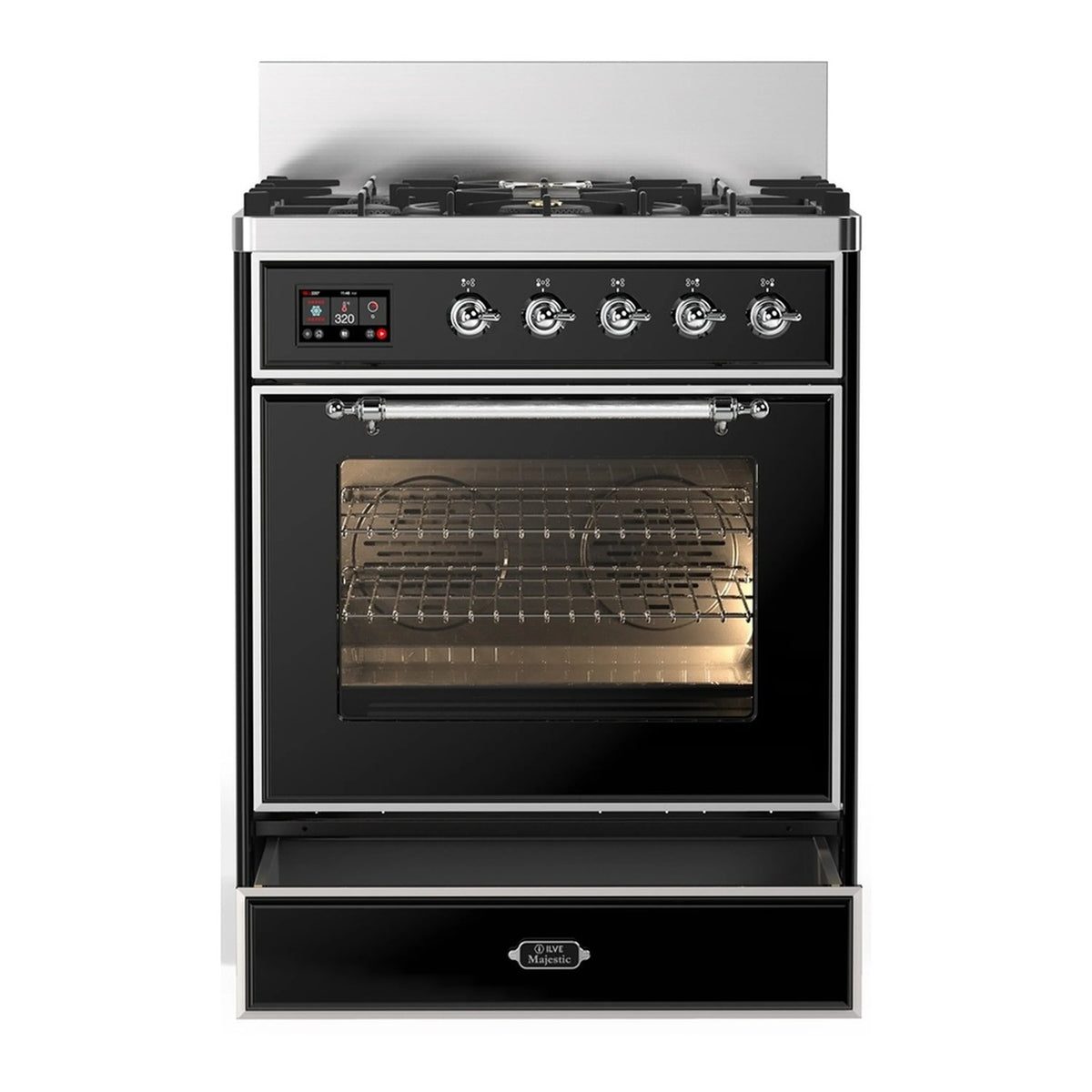 Glossy black dual fuel range with chrome trim, closed oven door, and top burner controls
