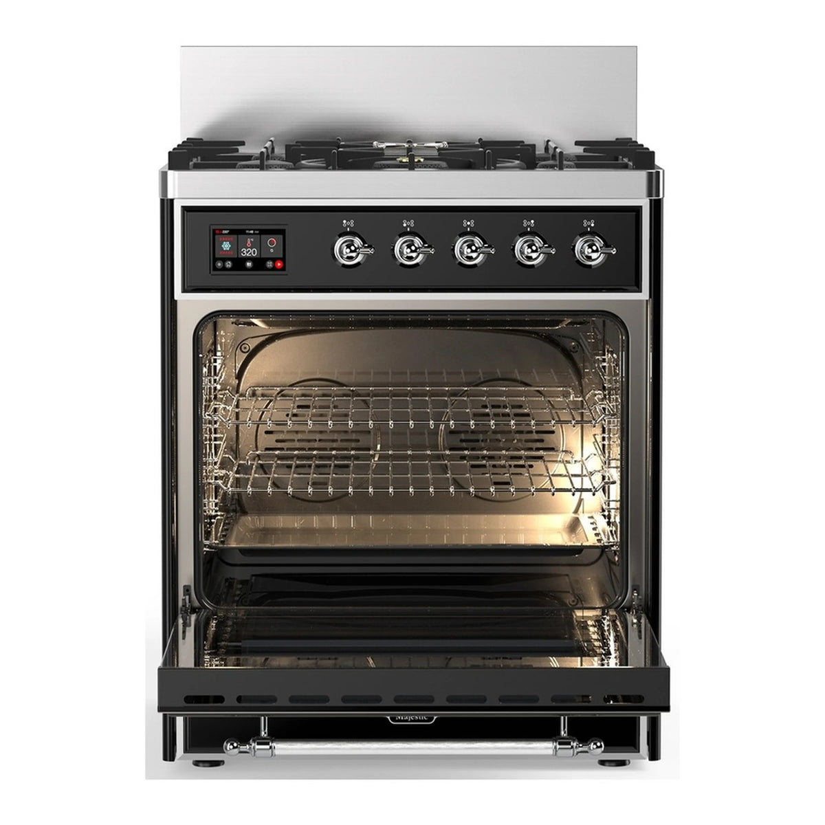 ILVE dual fuel range with open electric oven showing wire racks and interior light