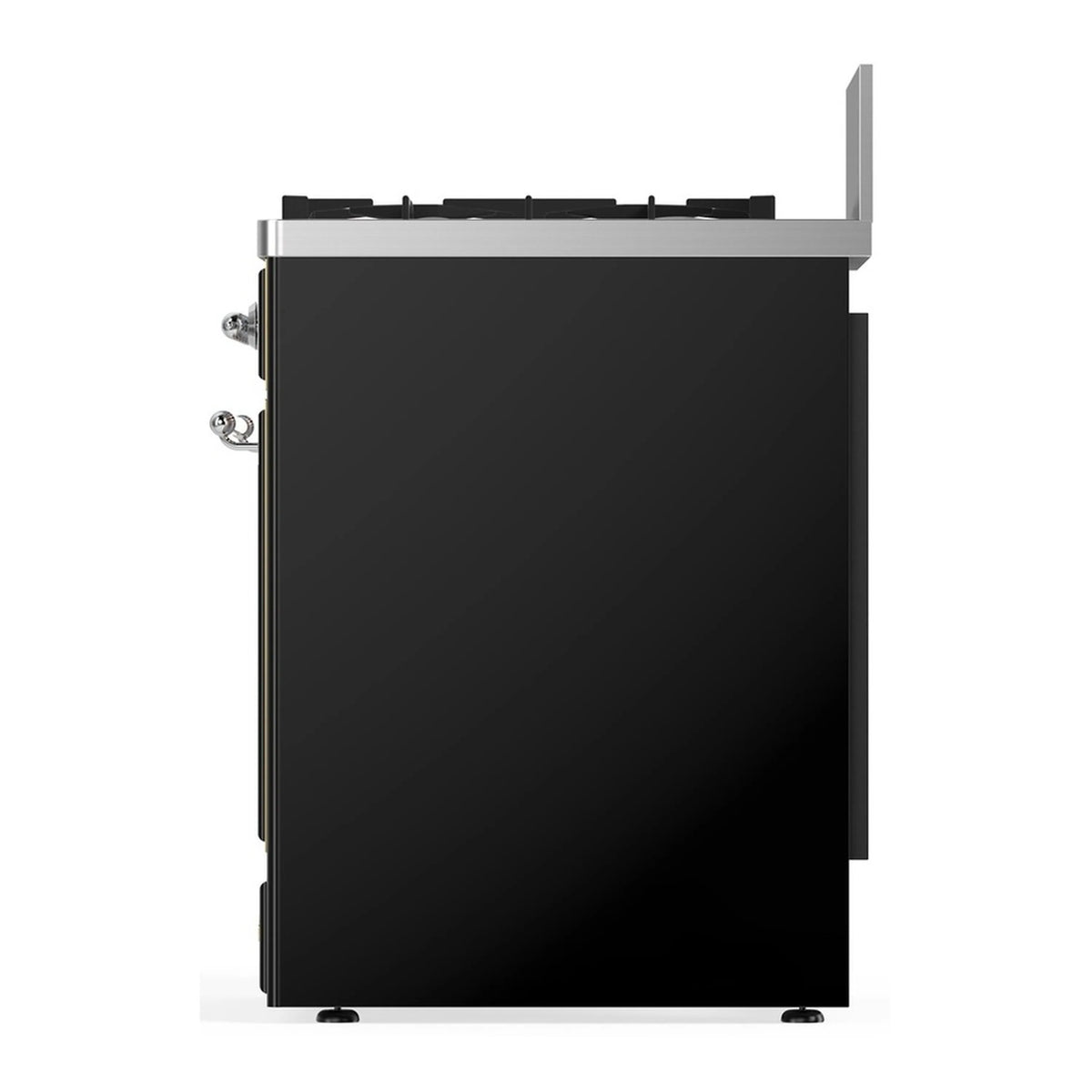 ILVE glossy black range rear view with chrome side handle fittings and back panel