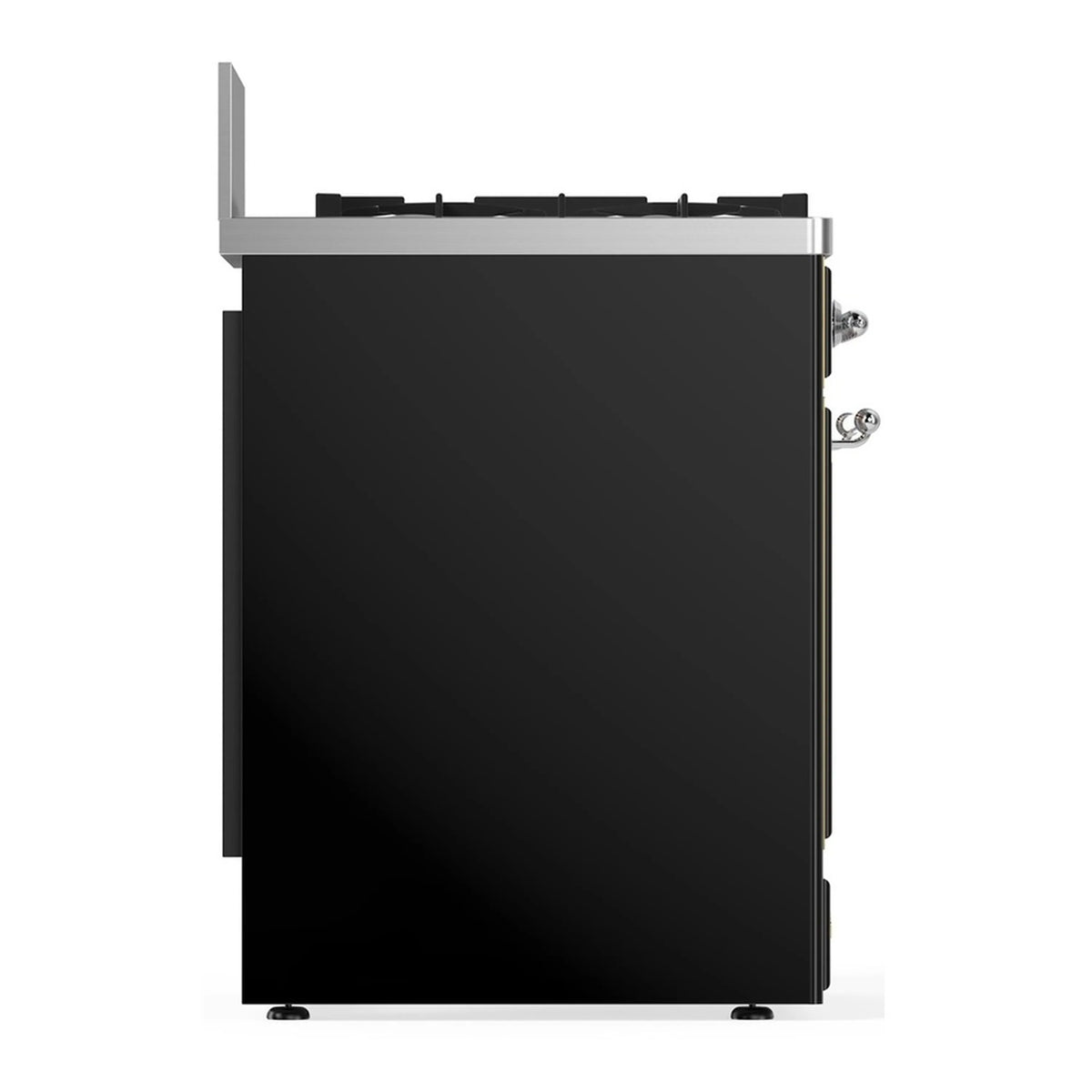 ILVE glossy black range rear side view with chrome handle and leveling feet
