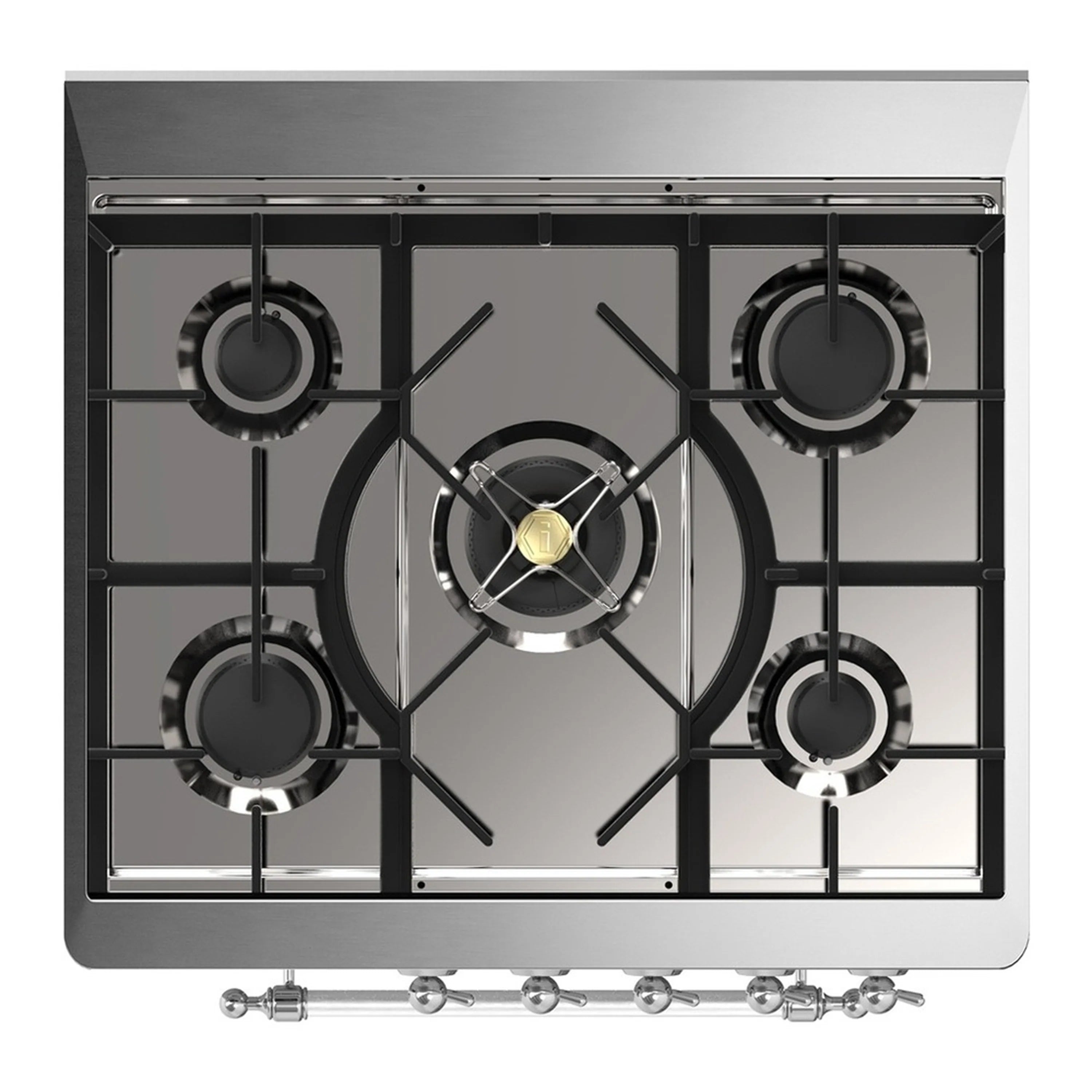 Four-burner cooktop with cast grates and silver burner caps on glossy black range