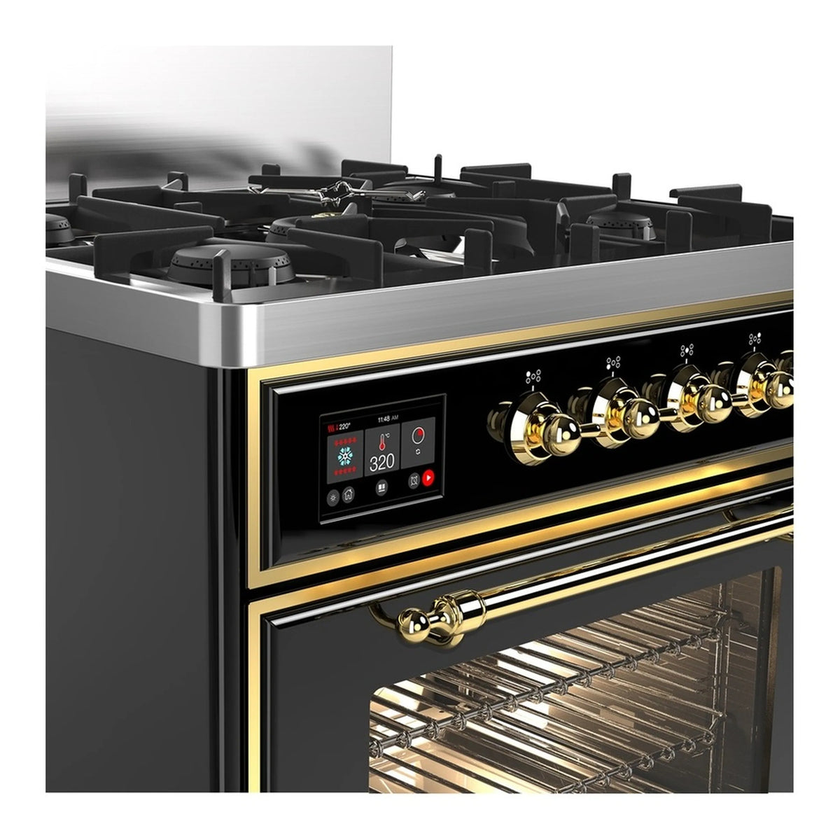 Dual fuel range close-up with brass control knobs and oven interior with racks