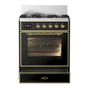 ILVE Majestic III 30-inch Dual Fuel Range with 5 Liquid Propane Burner and Triple Glass Door Electric Oven in Glossy Black with Brass Trim (UM30NR3BKGLP)