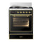 ILVE Majestic III 30-inch Dual Fuel Range with 5 Liquid Propane Burner and Triple Glass Door Electric Oven in Glossy Black with Brass Trim (UM30NR3BKGLP)