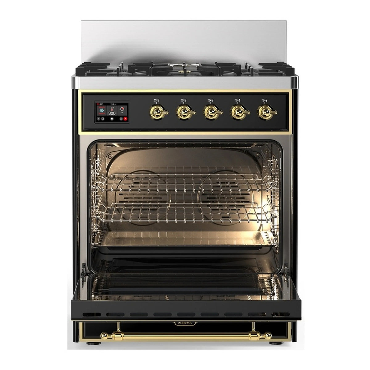 Dual fuel range oven door open showing interior racks and lighting