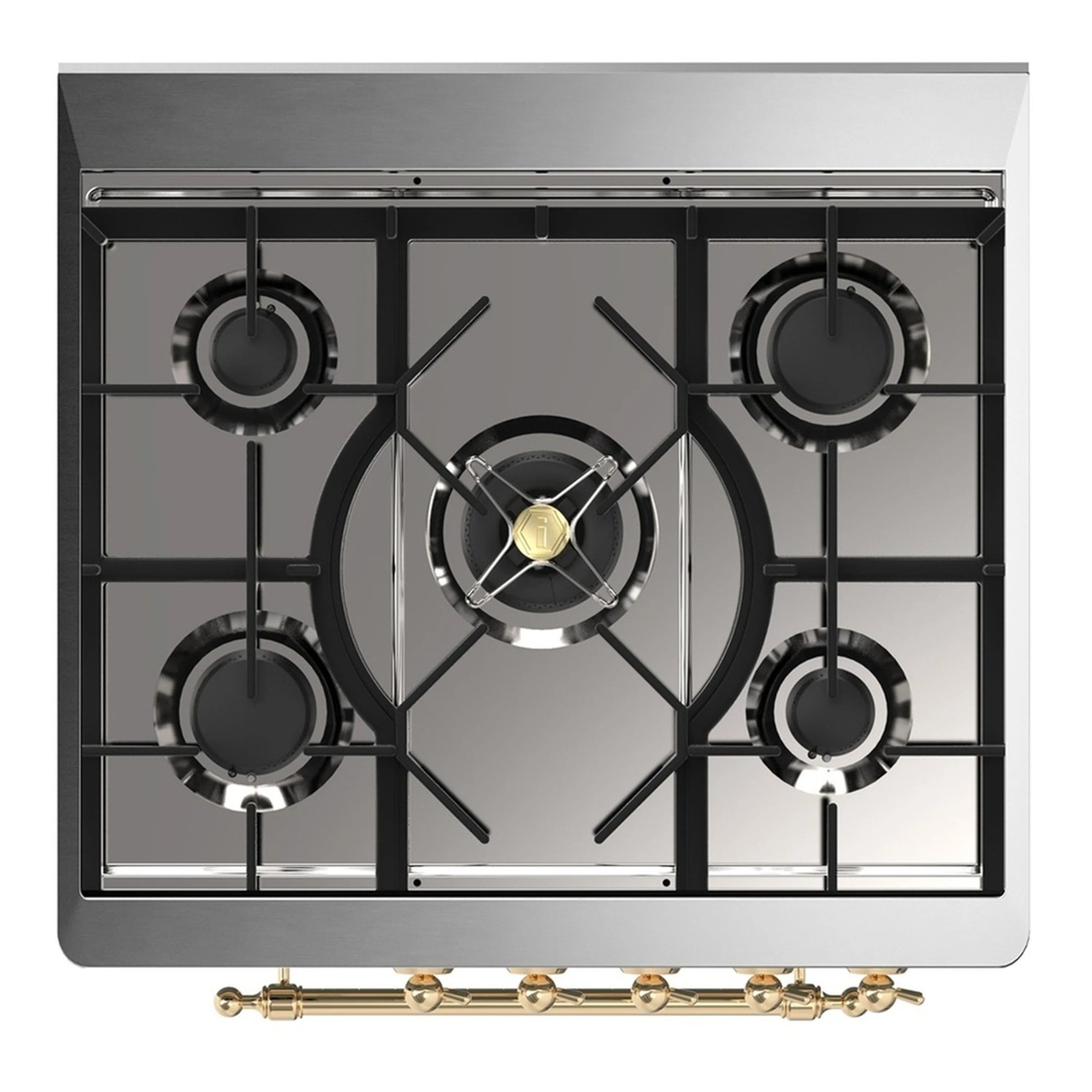 Gas cooktop with five burners, black grates, and brass front trim