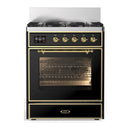 ILVE Majestic III 30-inch Dual Fuel Range with 5 Natural Gas Burner and Triple Glass Door Electric Oven in Glossy Black with Brass Trim (UM30NR3BKG)