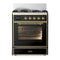 ILVE Majestic III 30-inch Dual Fuel Range with 5 Natural Gas Burner and Triple Glass Door Electric Oven in Glossy Black with Brass Trim (UM30NR3BKG)