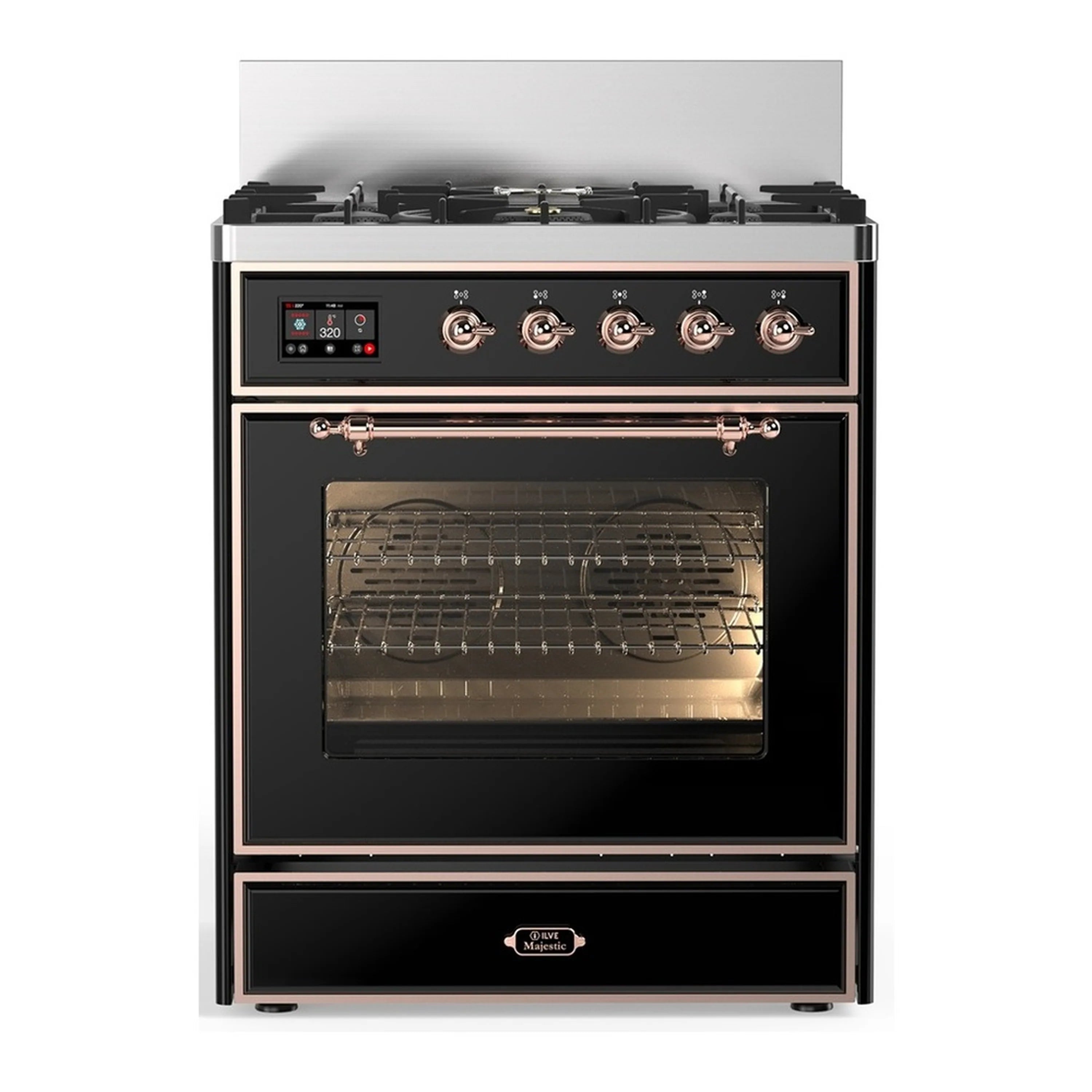 Glossy black dual fuel range with copper trim; 5 burners and oven door in front view