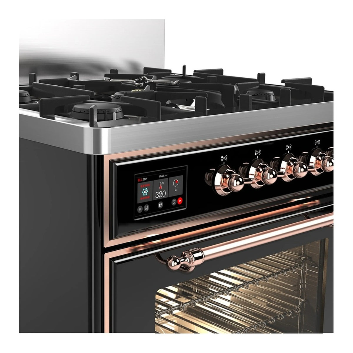 Dual fuel range control panel with copper knobs and oven door opened to racks