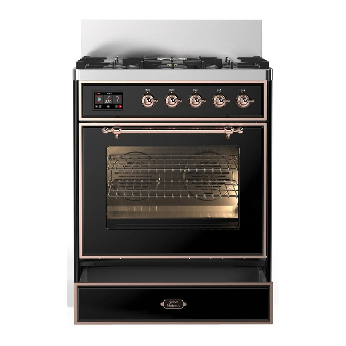 Glossy black dual fuel range with copper trim; closed oven window and 5 burners