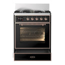 ILVE Majestic III 30-inch Dual Fuel Range with 5 Natural Gas Burner and Triple Glass Door Electric Oven in Glossy Black with Copper Trim (UM30NR3BKP)
