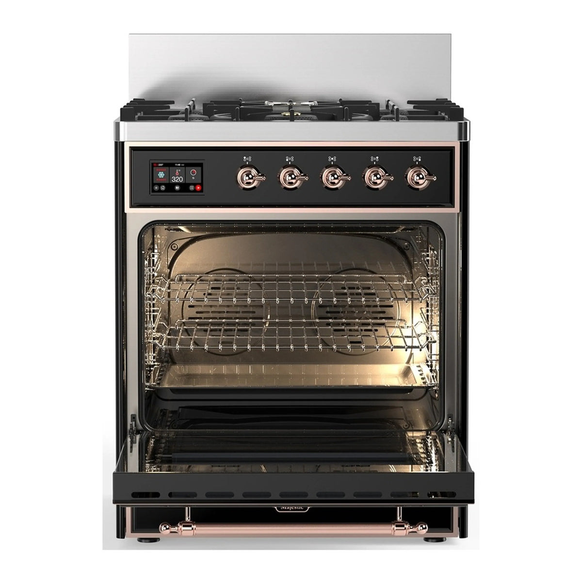 Dual fuel range oven interior with triple-glass door and wire racks, lit from inside