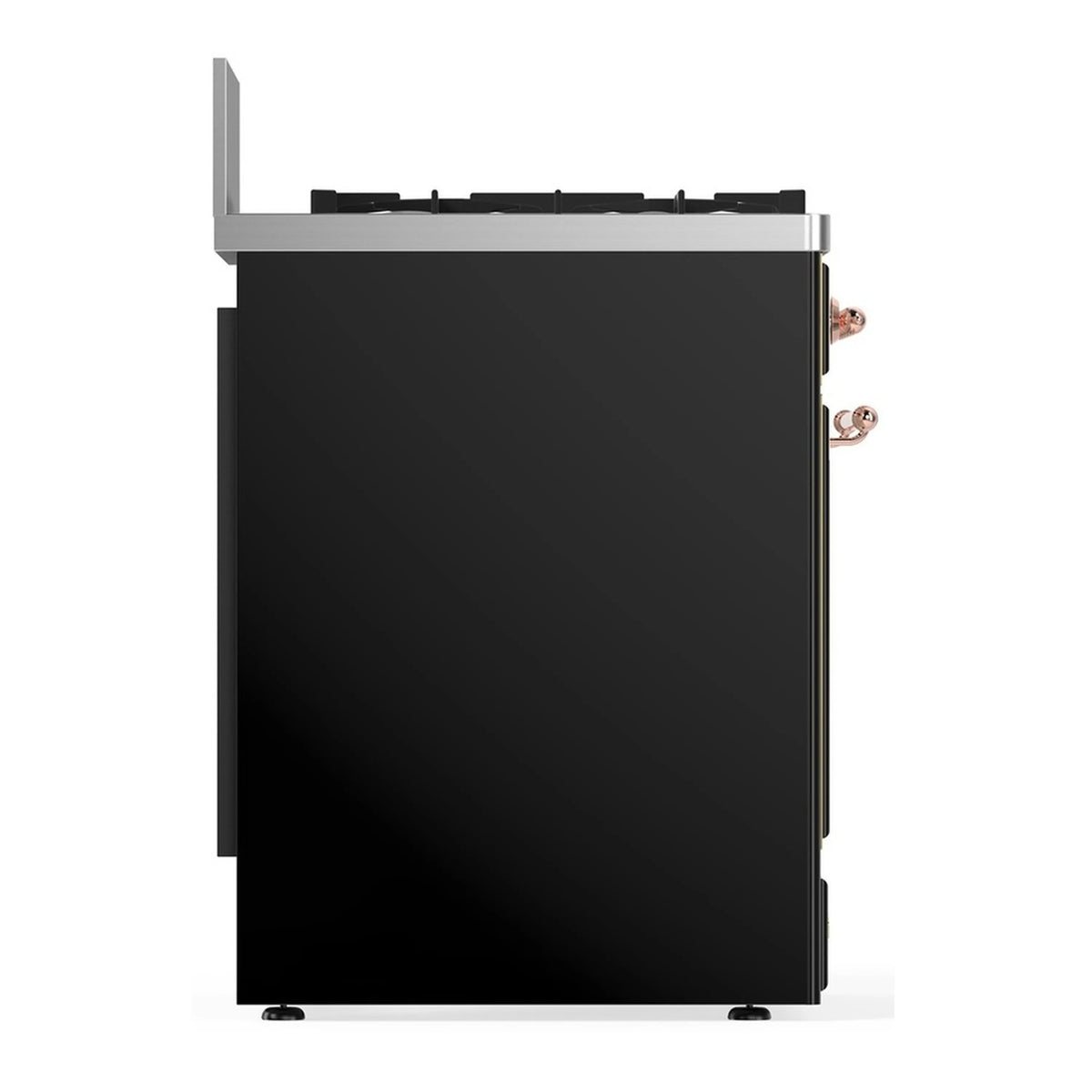 Black dual fuel range side panel with copper handle hardware and rear edge